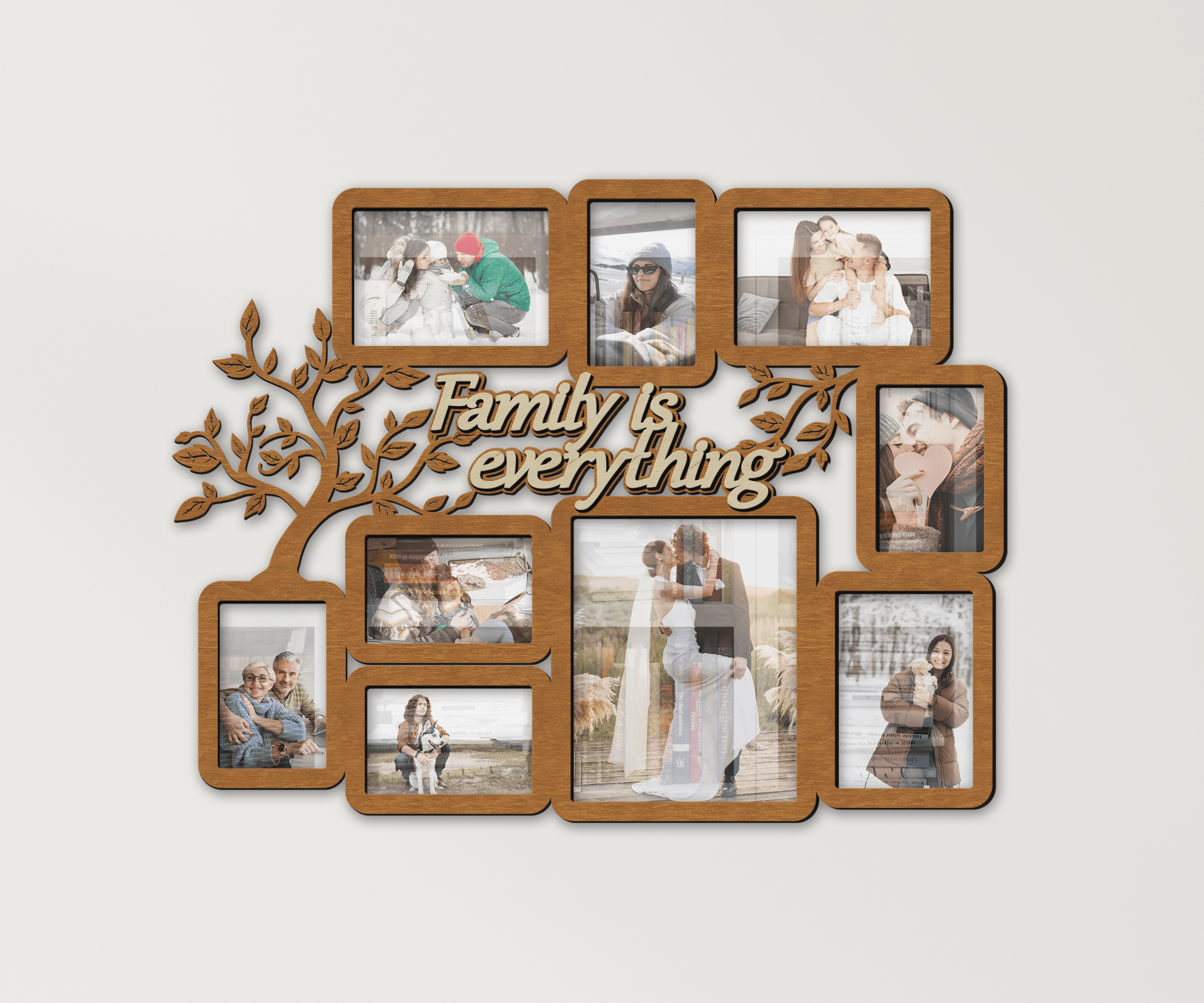 Wooden picture frame collage Family tree wall decor Rustic wall photo gallery Multiple frames Engraved family gift Family is everything sign