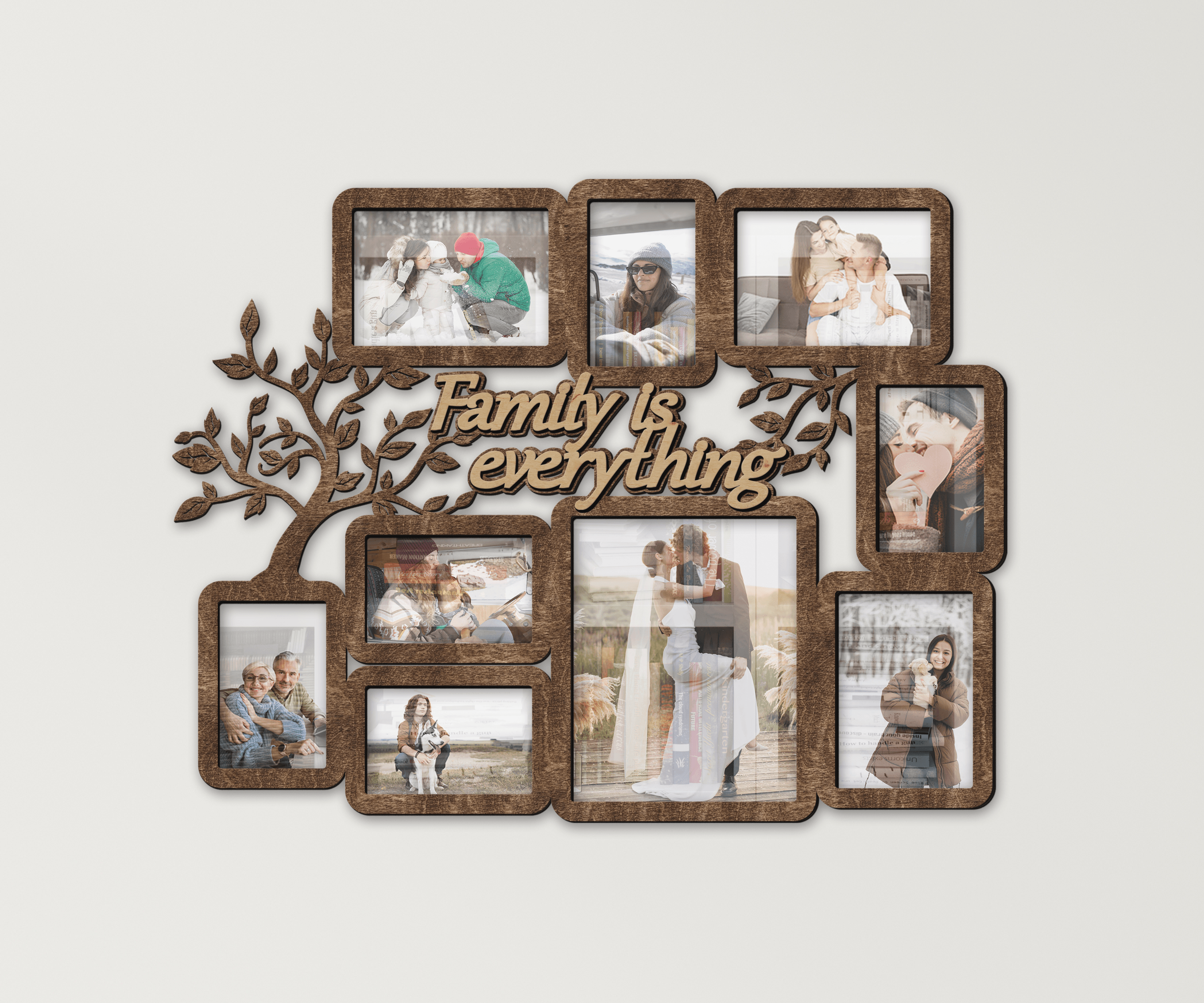 Wooden picture frame collage Family tree wall decor Rustic wall photo gallery Multiple frames Engraved family gift Family is everything sign