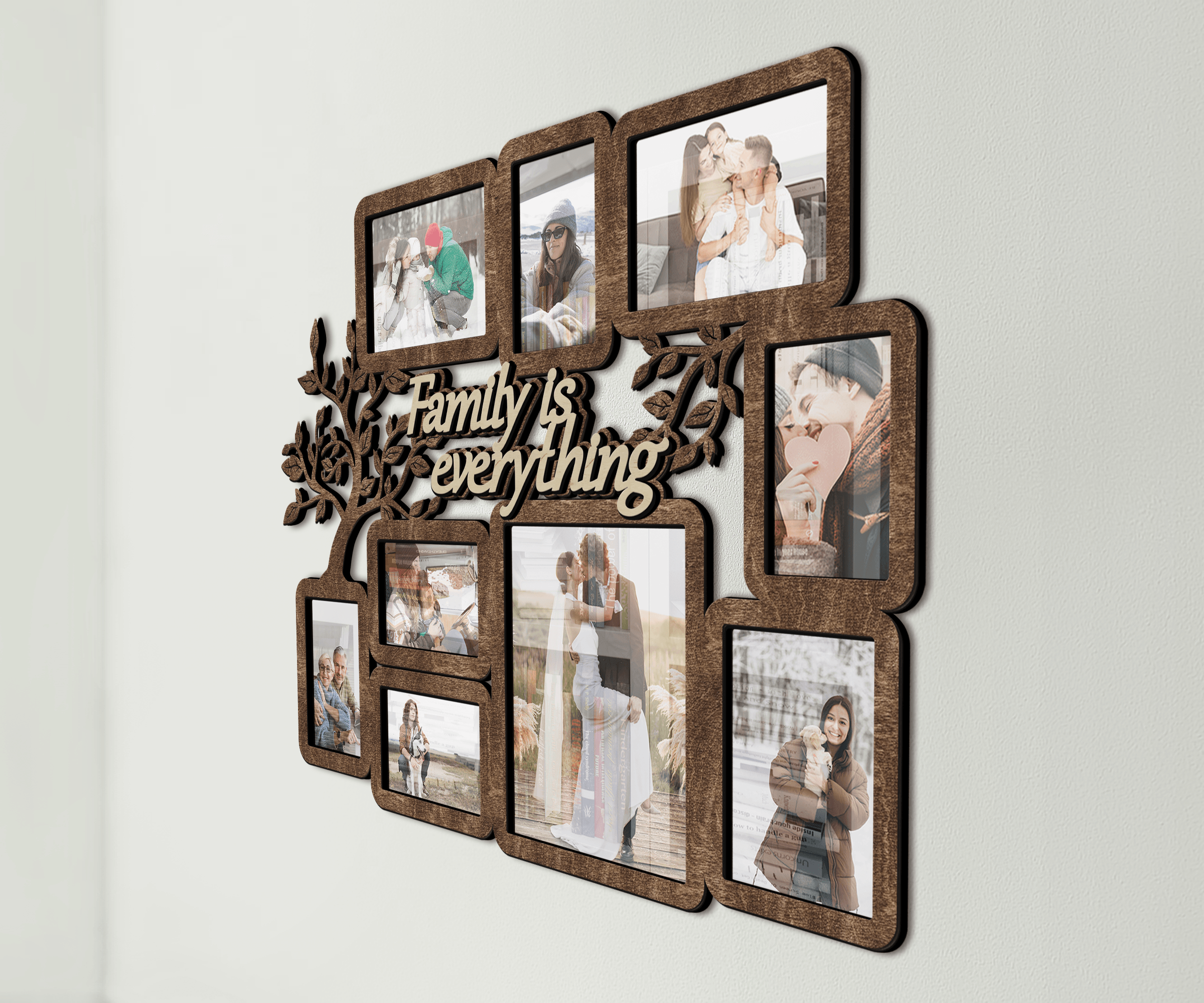 Wooden picture frame collage Family tree wall decor Rustic wall photo gallery Multiple frames Engraved family gift Family is everything sign