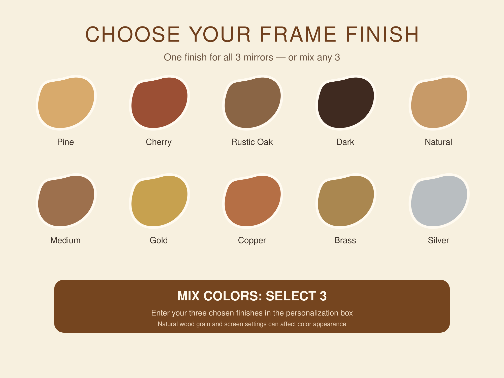 Wood frame finish guide with ten colors and a mixed three-color option