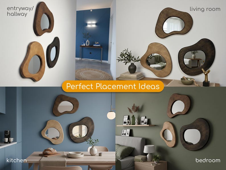 Close view of three irregular organic wood frame mirrors in the Fluid Mirror Set