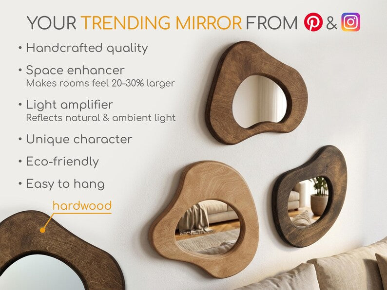 Three irregular wood framed mirrors styled together for Japandi wall decor
