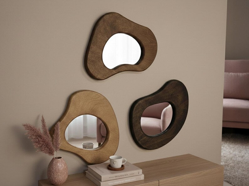 Decorative asymmetrical mirror set for a boho or Scandinavian gallery wall