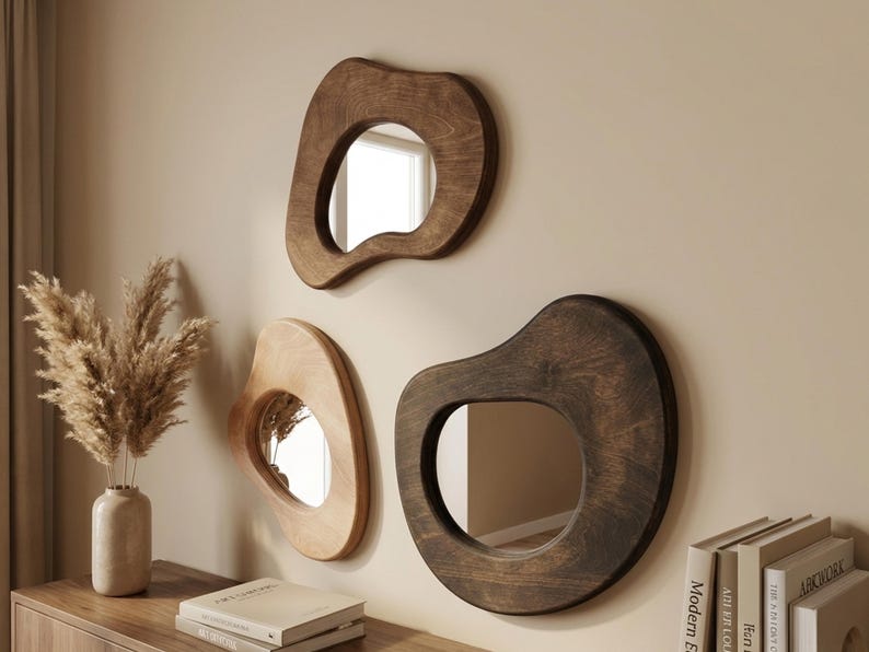Set of three handcrafted wood wall mirrors for an entryway or bedroom