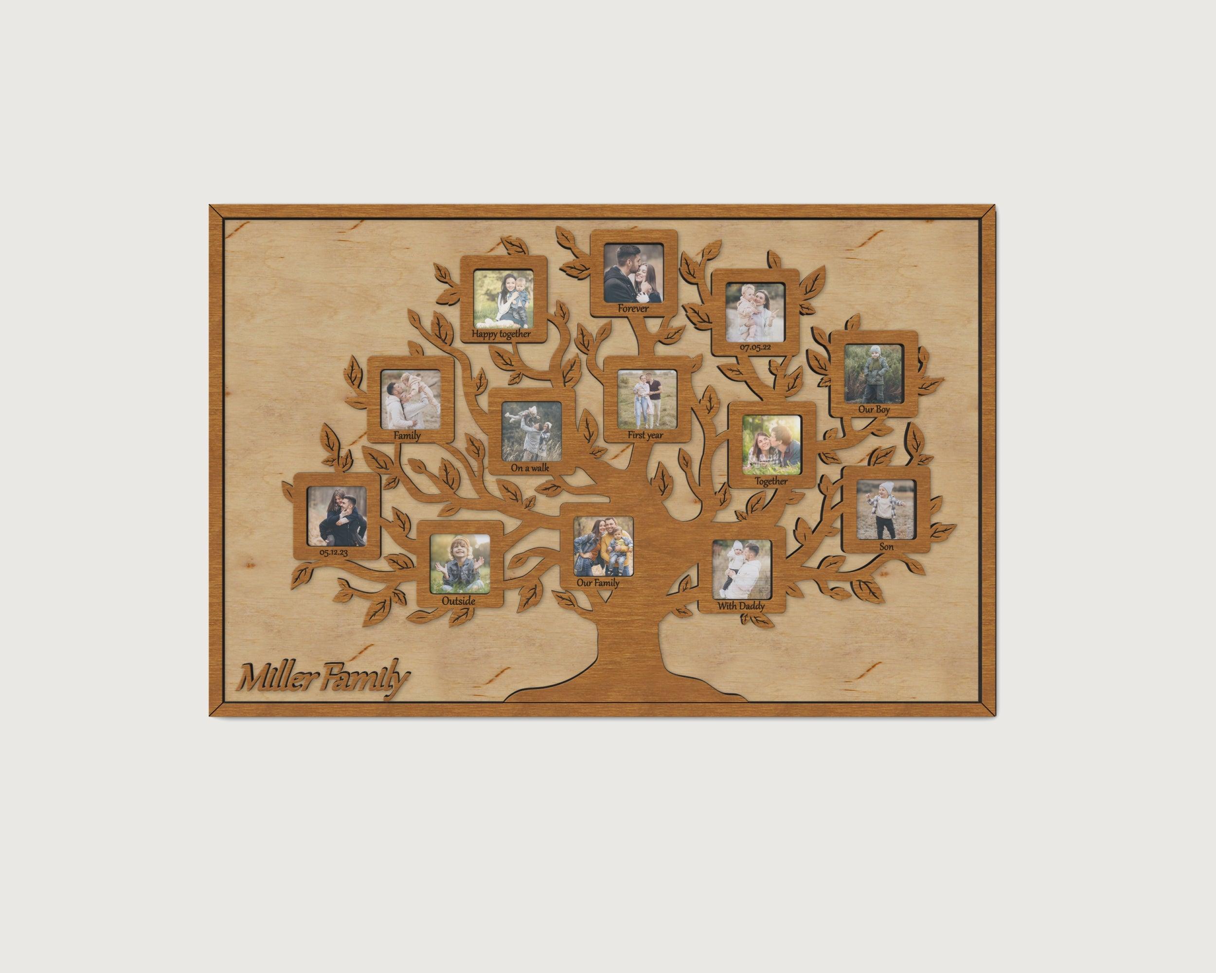 Personalized family tree framed wall art Genealogy tree Wooden picture frame collage Wedding anniversary gift 13 photo openings Custom text