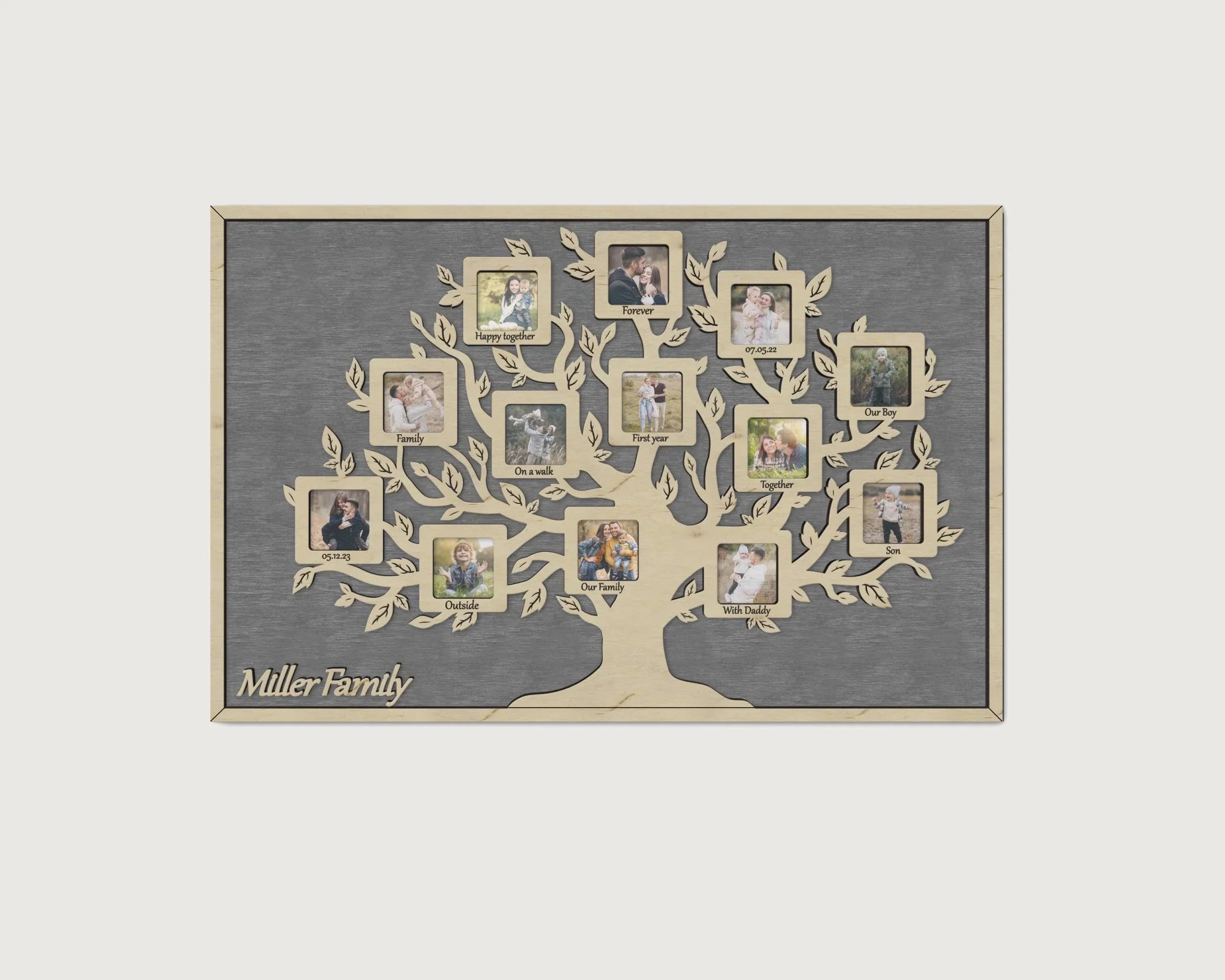 Cadre Photo Double En Bois Et Métal - Motif Arbre Et Feuilles - Pour 4 Photos 10x15 Cm - Style Vintage Gris - Cadeau Déco Pour Noël, Mariage