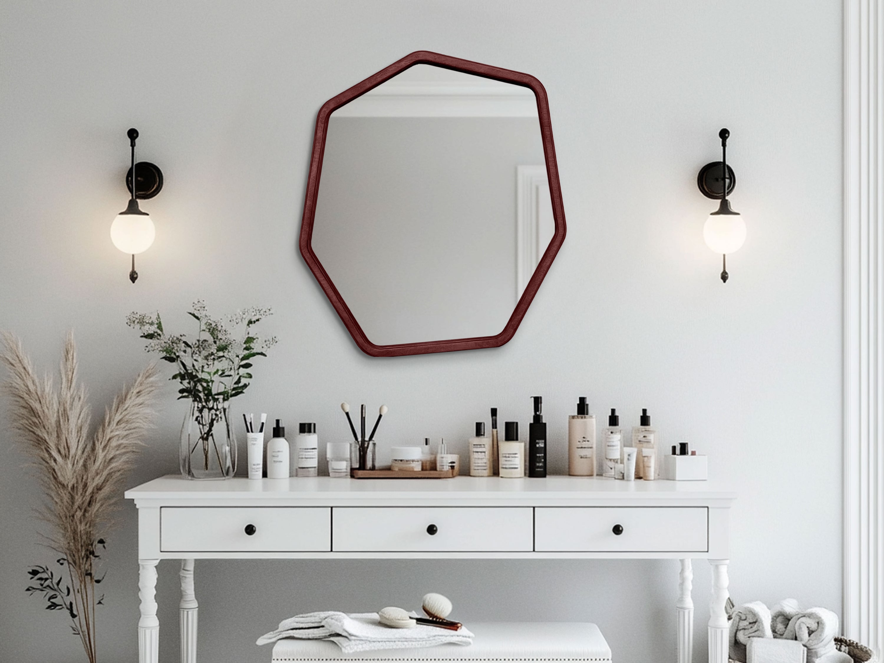 Hexagon Shape Wood Frame Mirror – Modern Minimalist Wall Decor