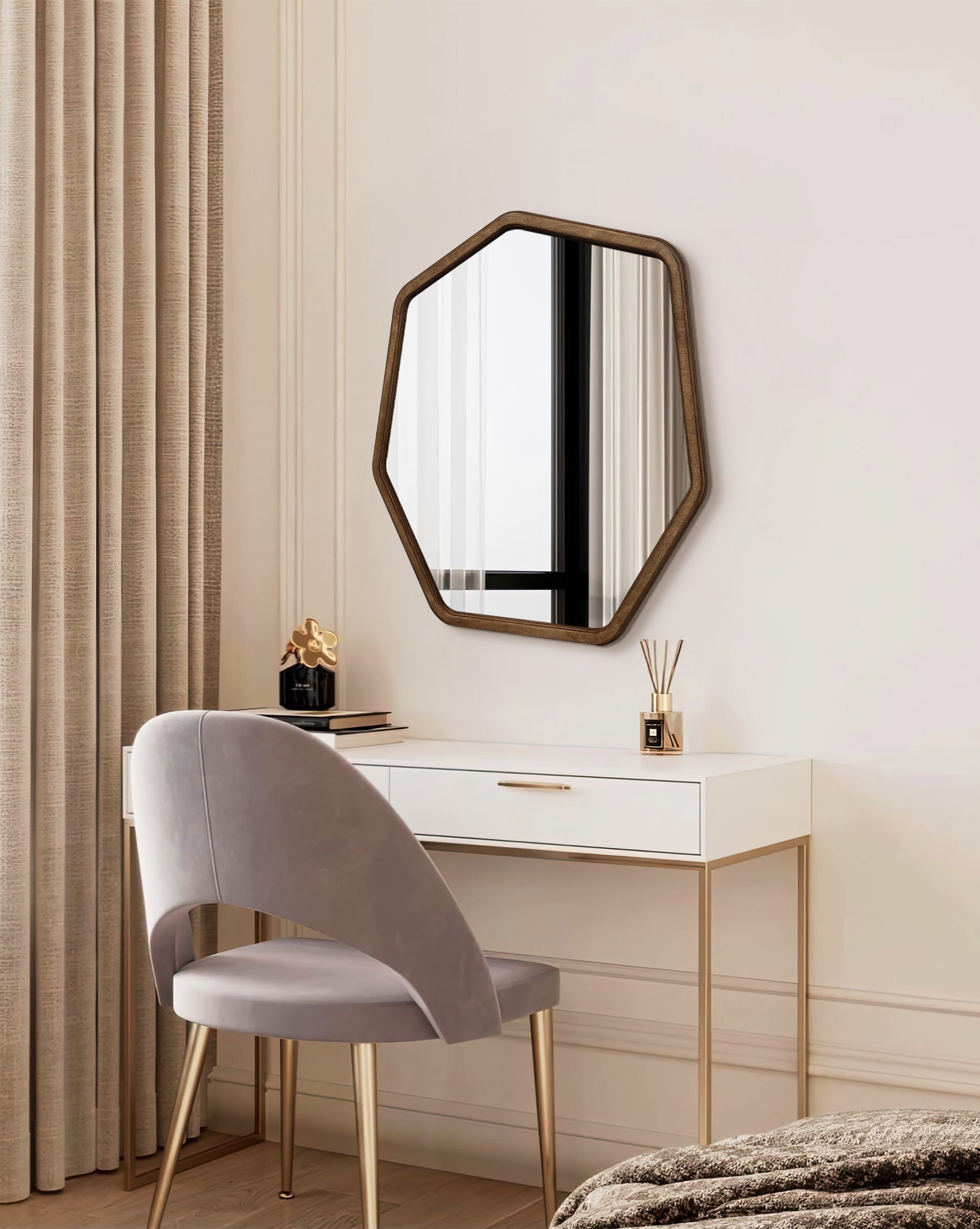 Hexagon Shape Wood Frame Mirror – Modern Minimalist Wall Decor