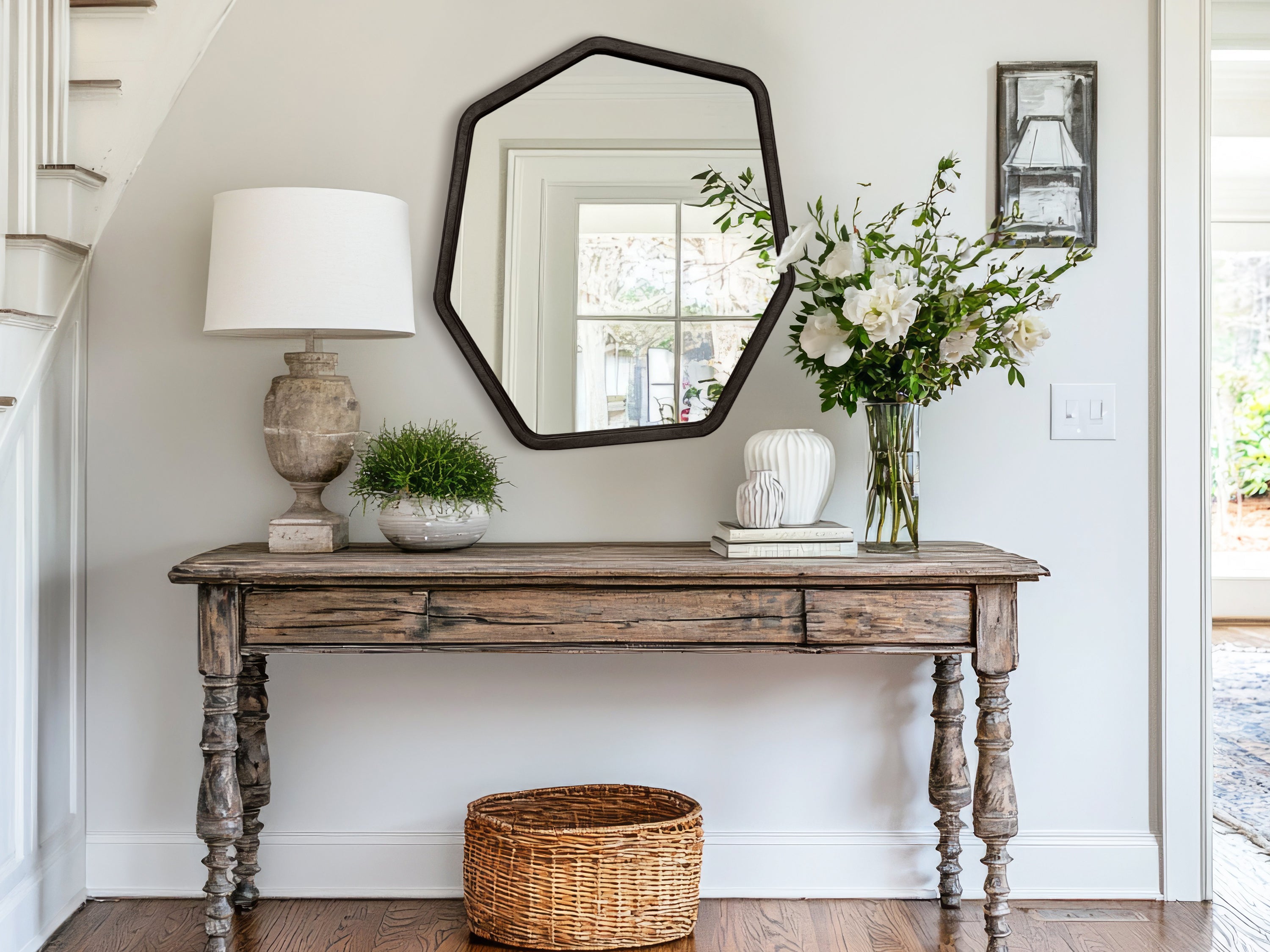Miroir moderne à cadre en bois de forme hexagonale 