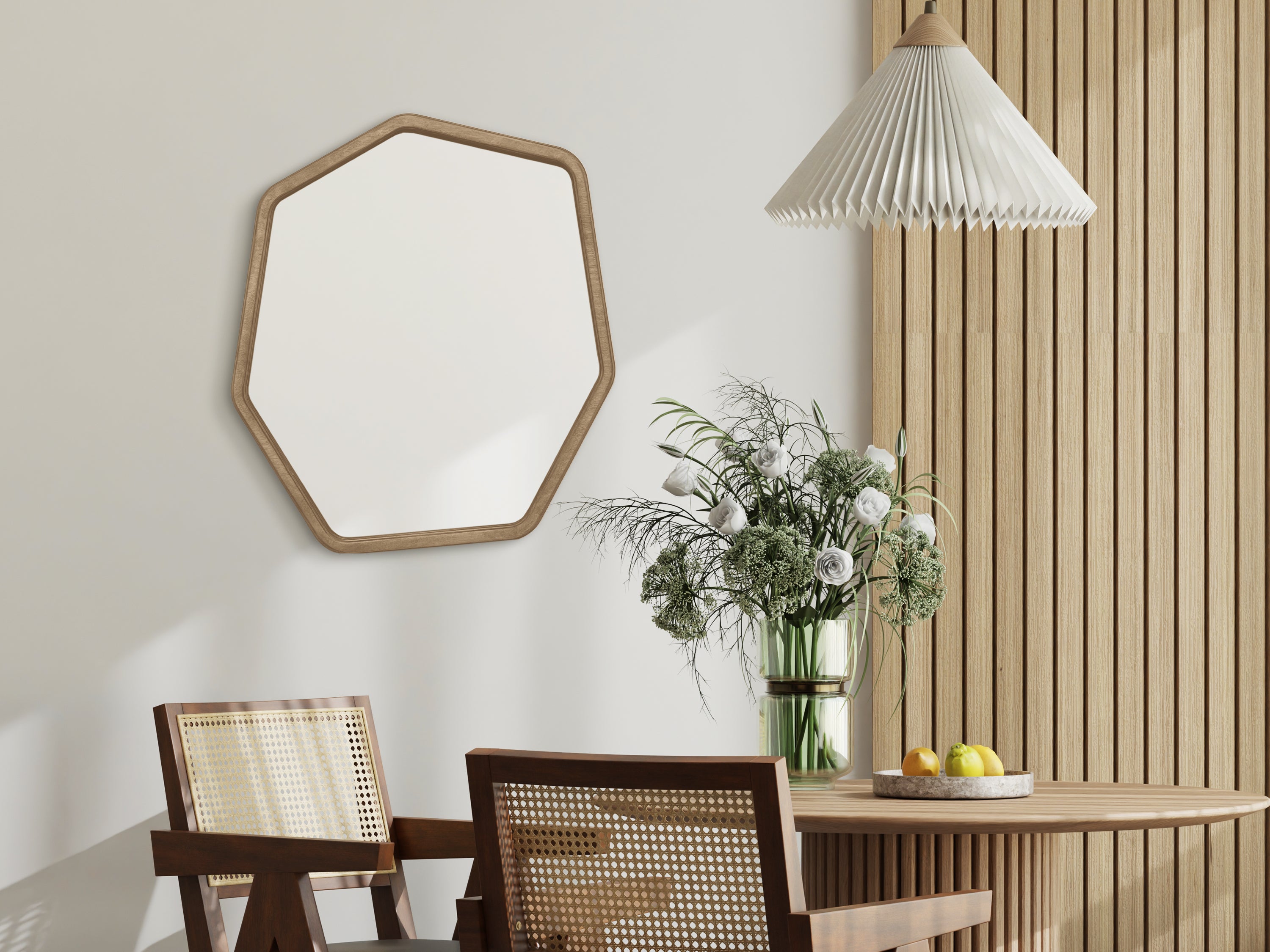 Hexagon Shape Wood Frame Mirror – Modern Minimalist Wall Decor