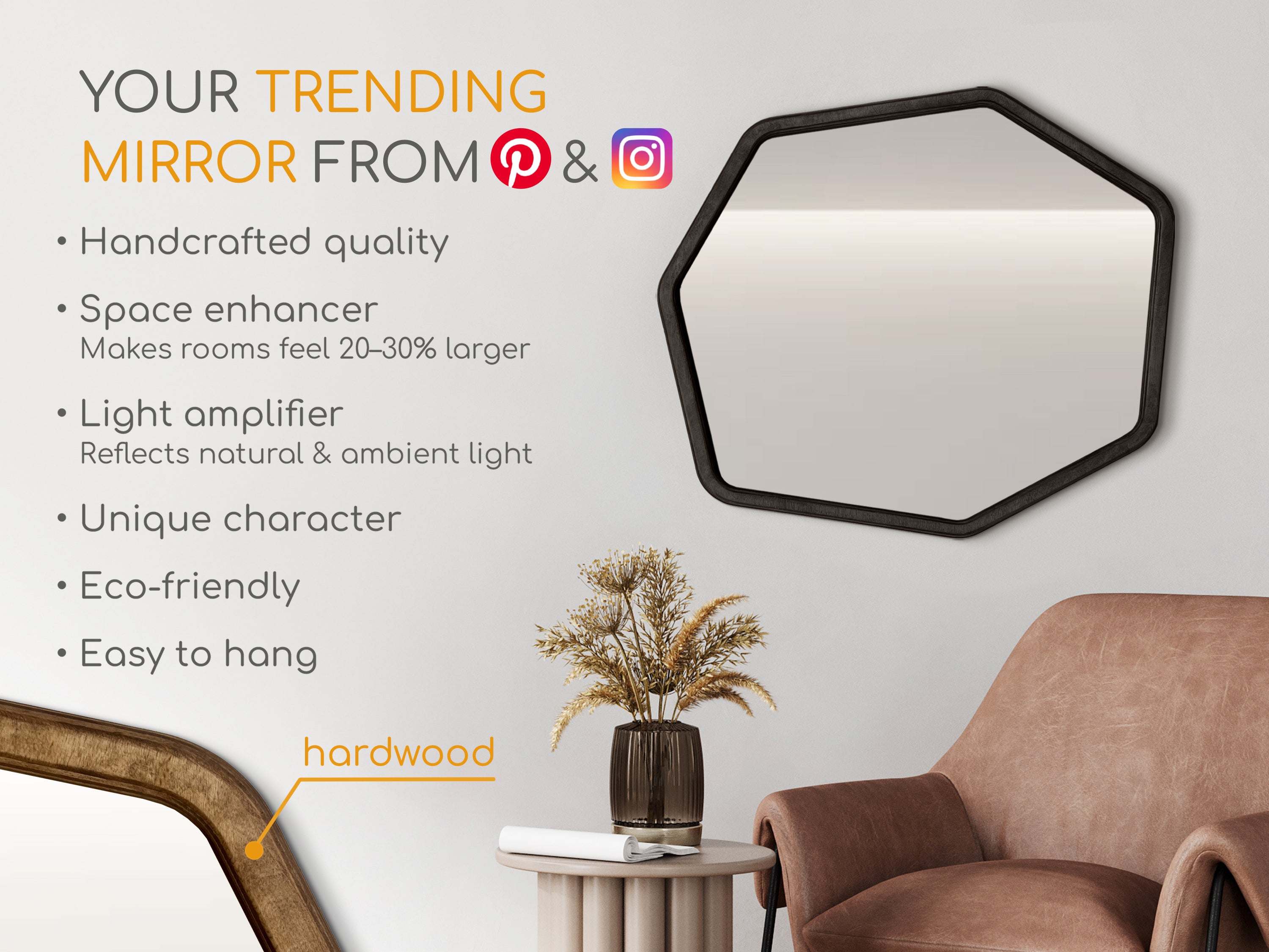 Miroir moderne à cadre en bois de forme hexagonale 