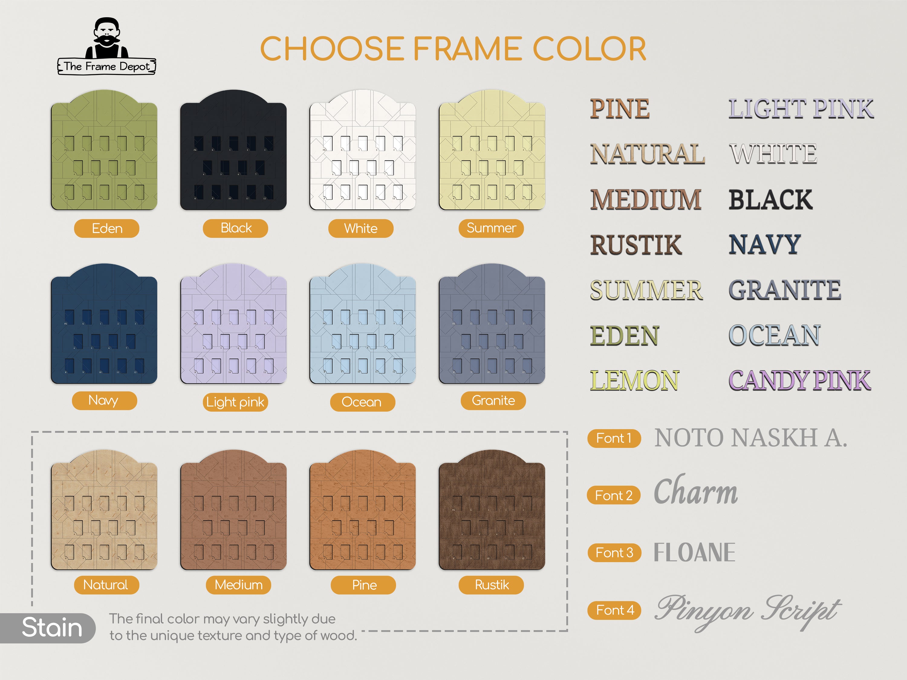 Wooden picture frame color options including Eden, Black, White, Summer, Navy, Light Pink, Ocean, Granite, Natural, Medium, Pine, and Rustik, with sample fonts shown.