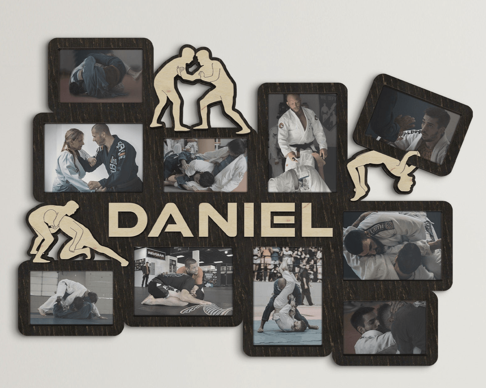 Personalized sports photo frame collage Custom color wrestling picture frame Multiple photos Wood wall art Jiu jitsu decor Custom name sign