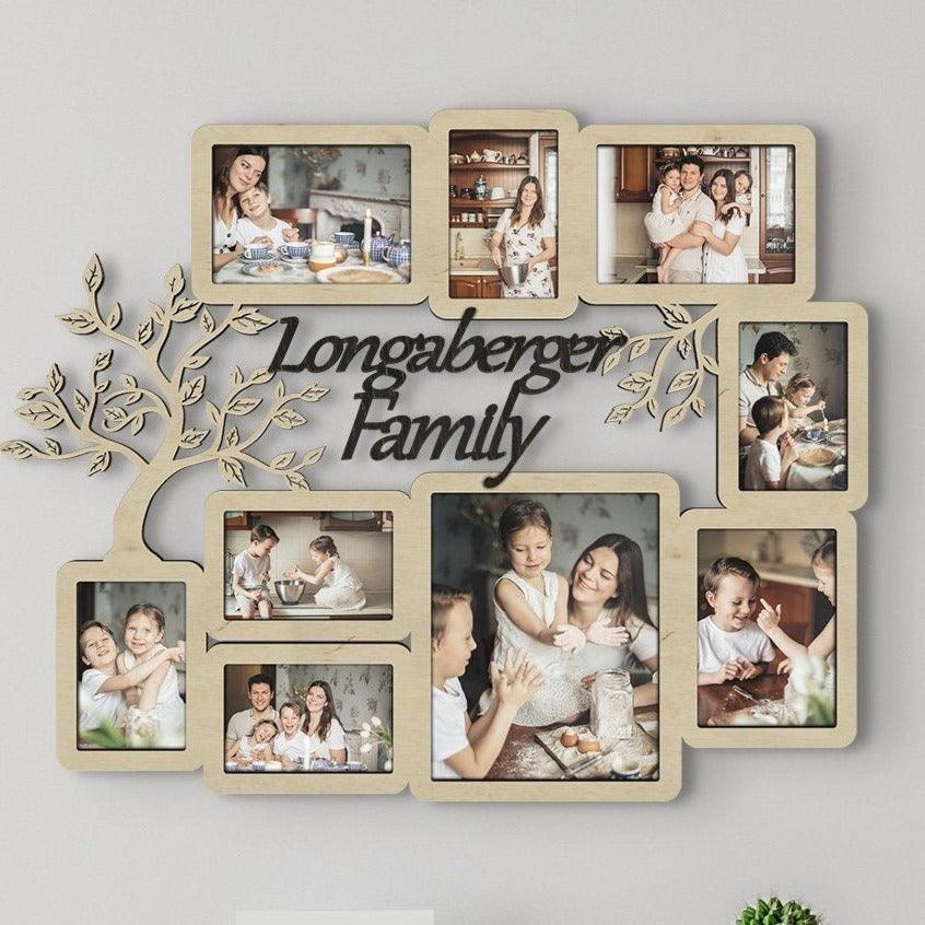 Personalized picture frame collage featuring tree elements. This collage measures 24 inches in width and 30 inches in length and has 9 frames. Frame and letters can be painted in different colors. The text in the middle can be customized.