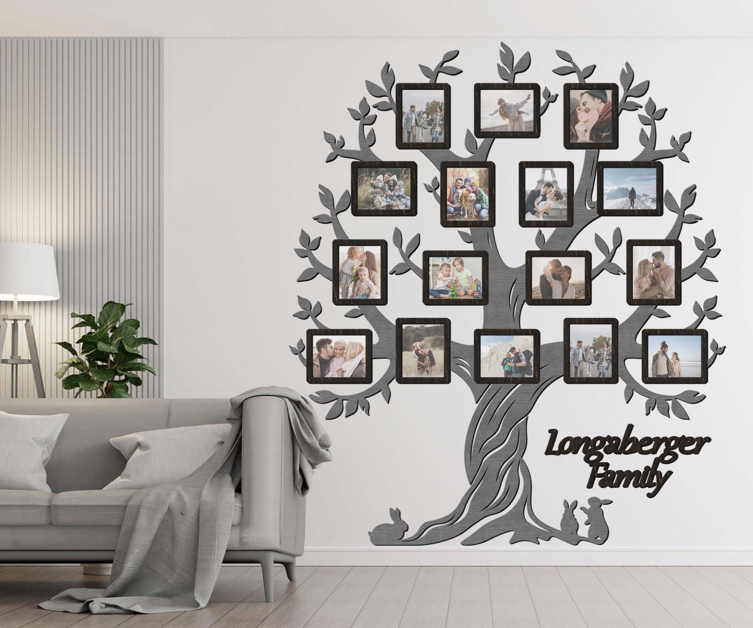 Personalized large family genealogical tree Picture frame collage Wooden name sign Custom housewarming gift Home wall decor for living room