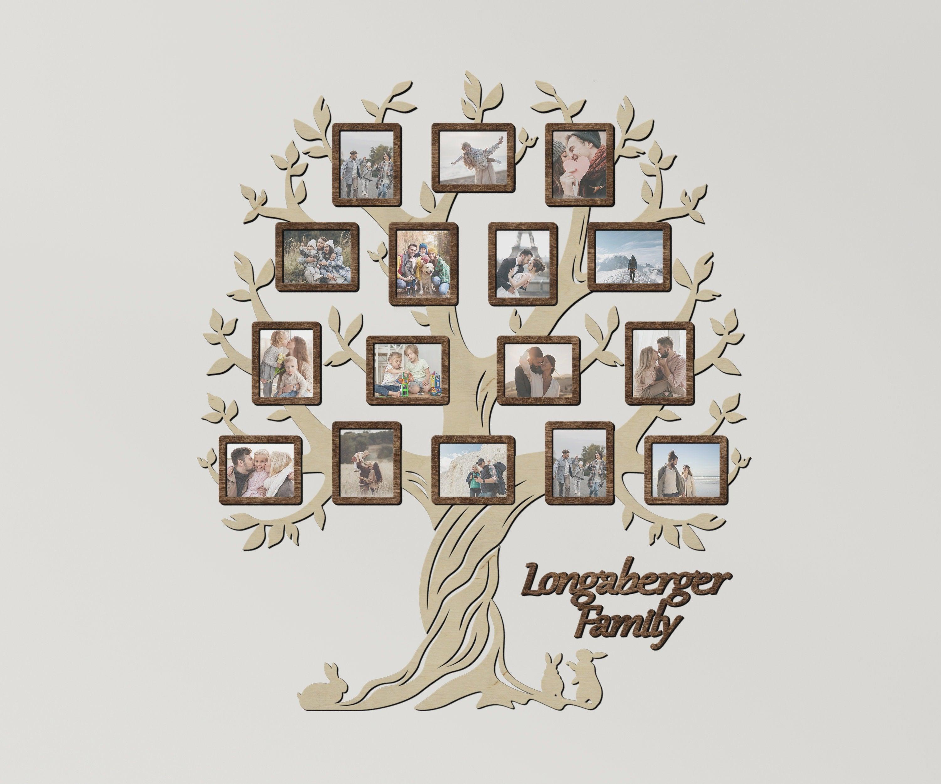 Personalized large family genealogical tree Picture frame collage Wooden name sign Custom housewarming gift Home wall decor for living room