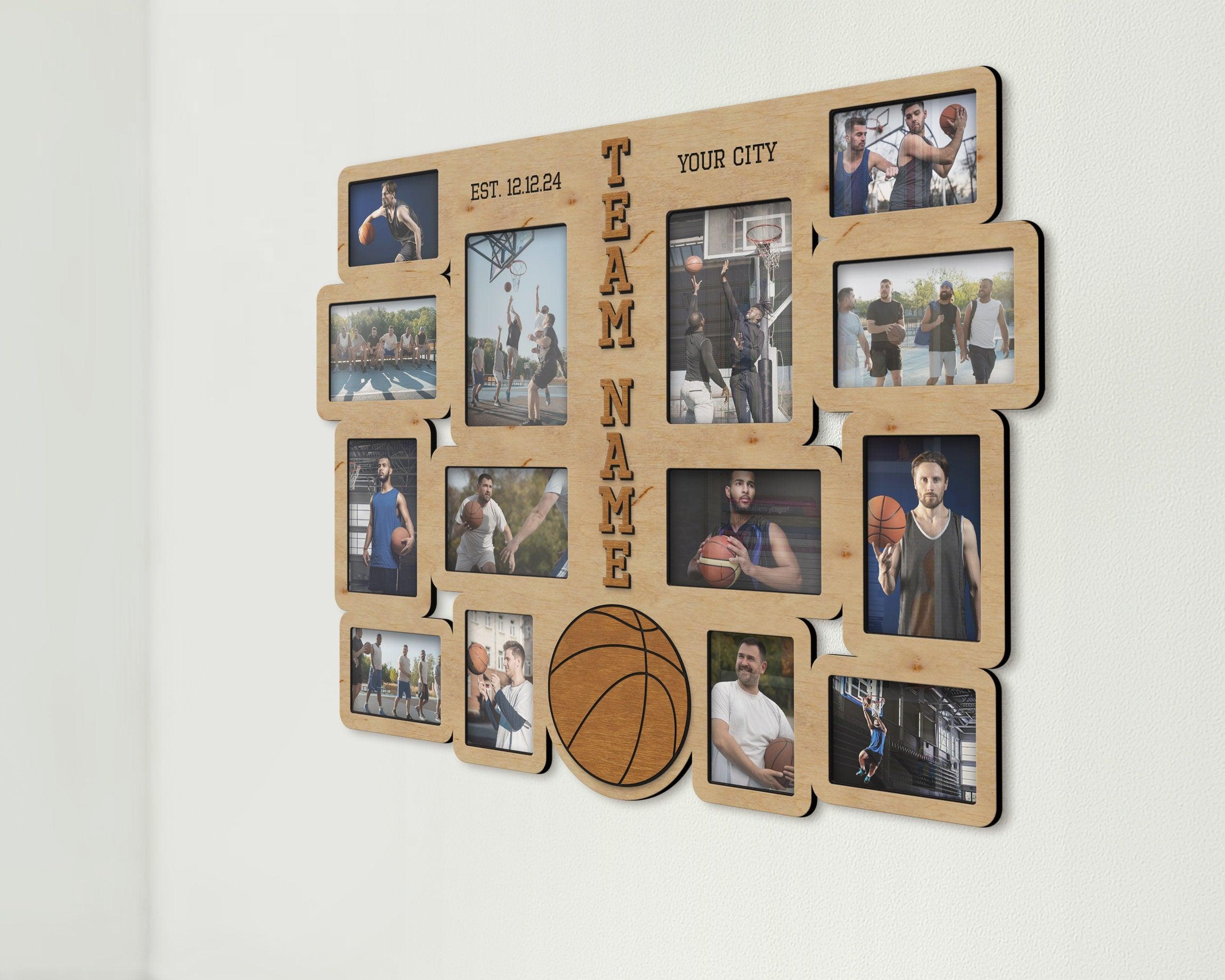 Handcrafted sports team display Custom basketball picture frame collage Engraved memory photo frames Personalized gift for coach Wall decor