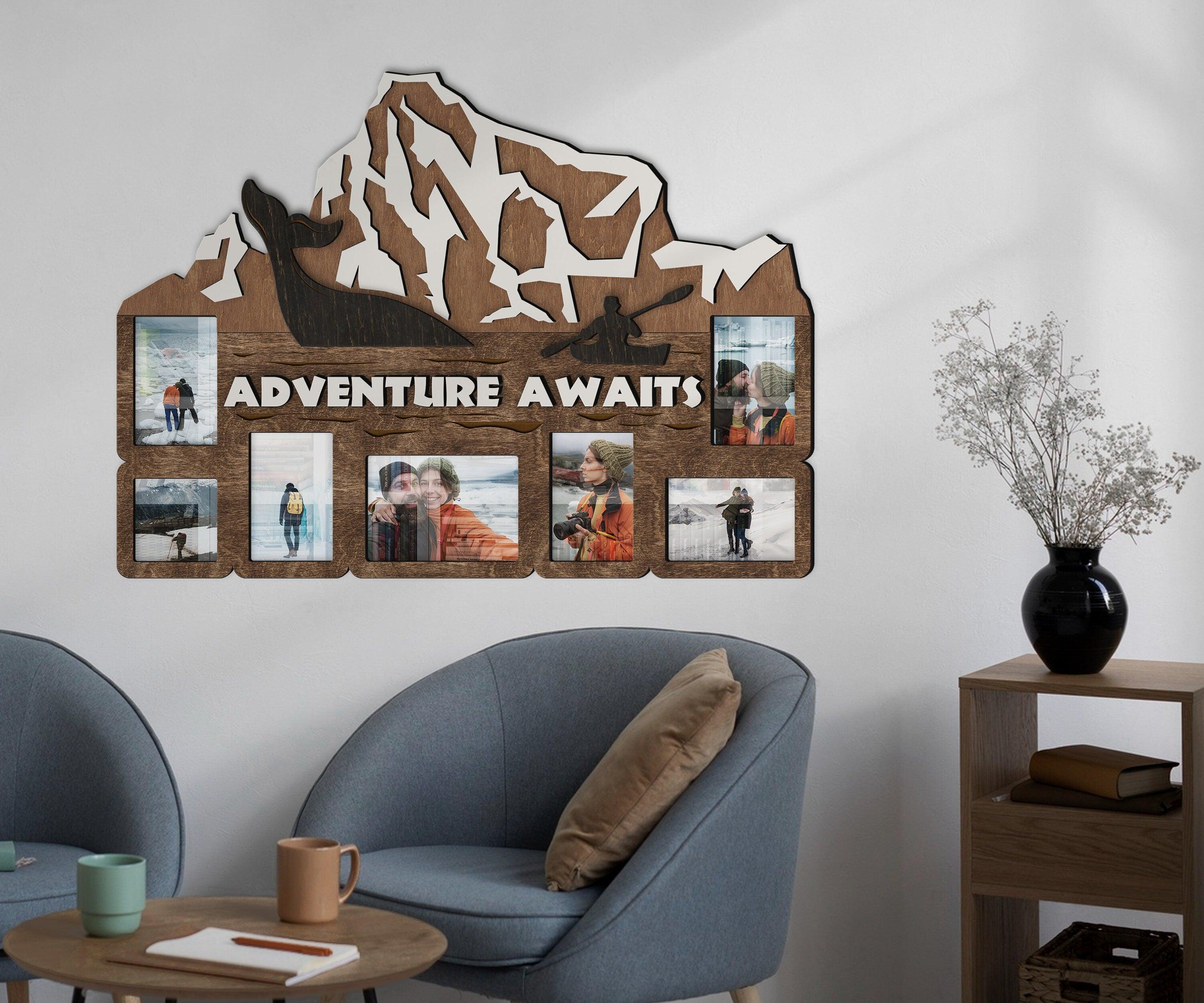 Custom adventure awaits sign Wooden photo frame collage Living room decor Unique gift for active explorers Personalized iceberg wall gallery