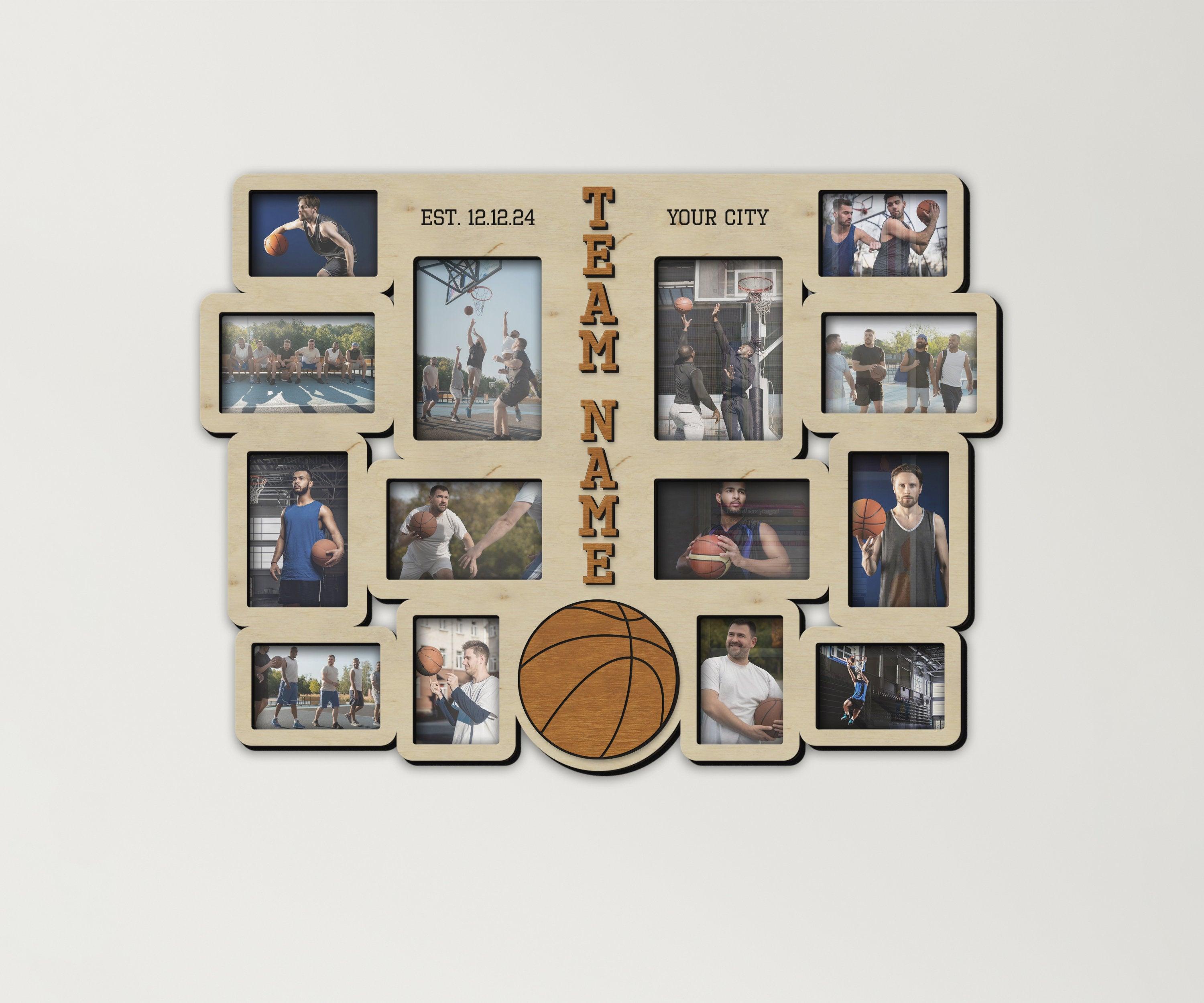 Handcrafted sports team display Custom basketball picture frame collage Engraved memory photo frames Personalized gift for coach Wall decor