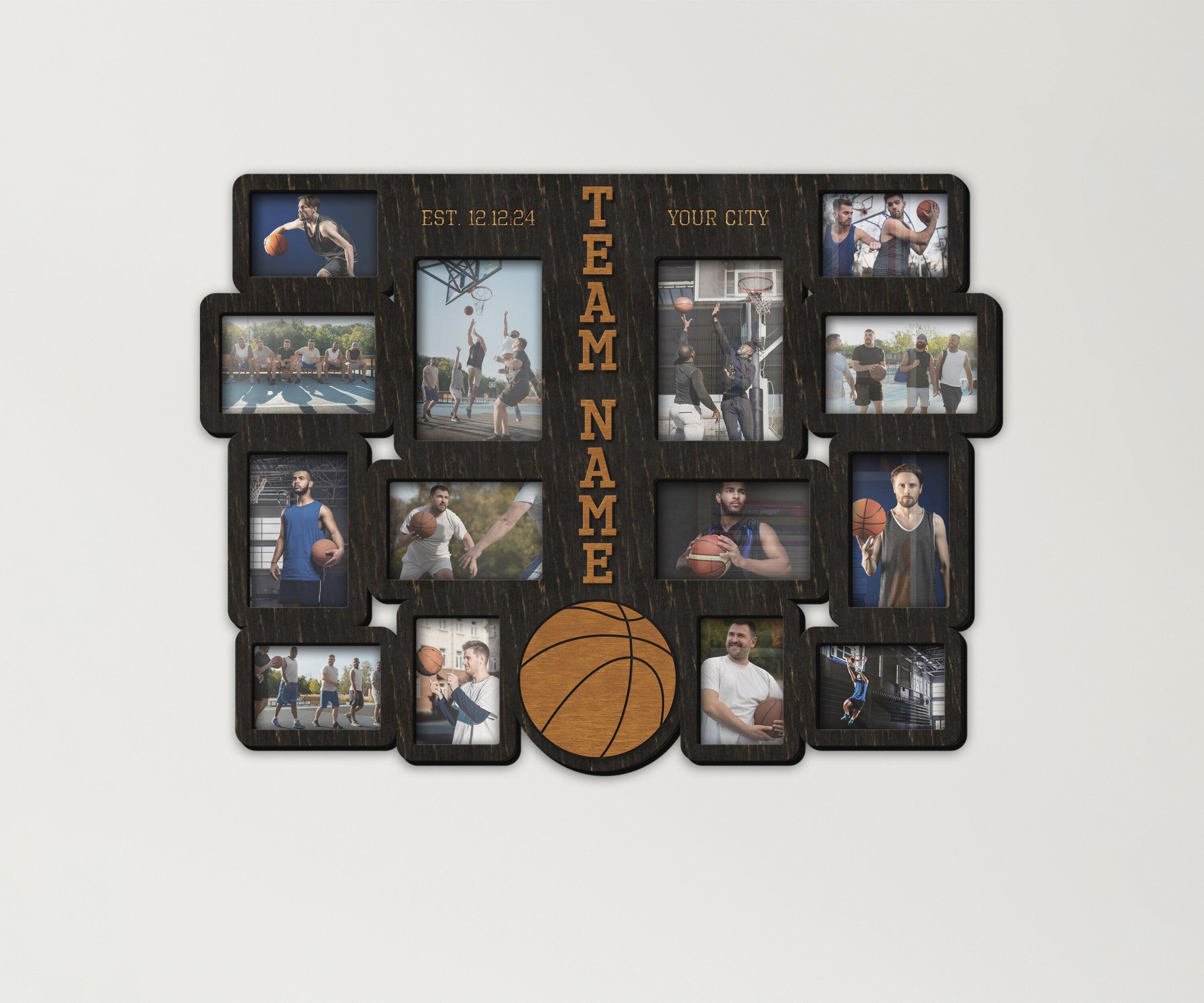 Handcrafted sports team display Custom basketball picture frame collage Engraved memory photo frames Personalized gift for coach Wall decor