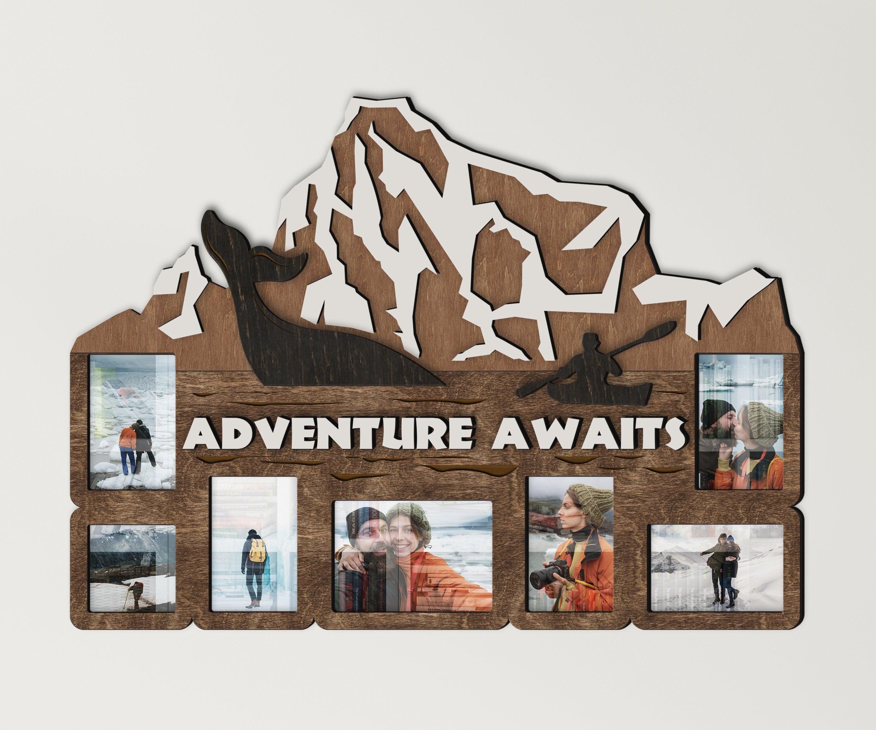 Custom adventure awaits sign Wooden photo frame collage Living room decor Unique gift for active explorers Personalized iceberg wall gallery