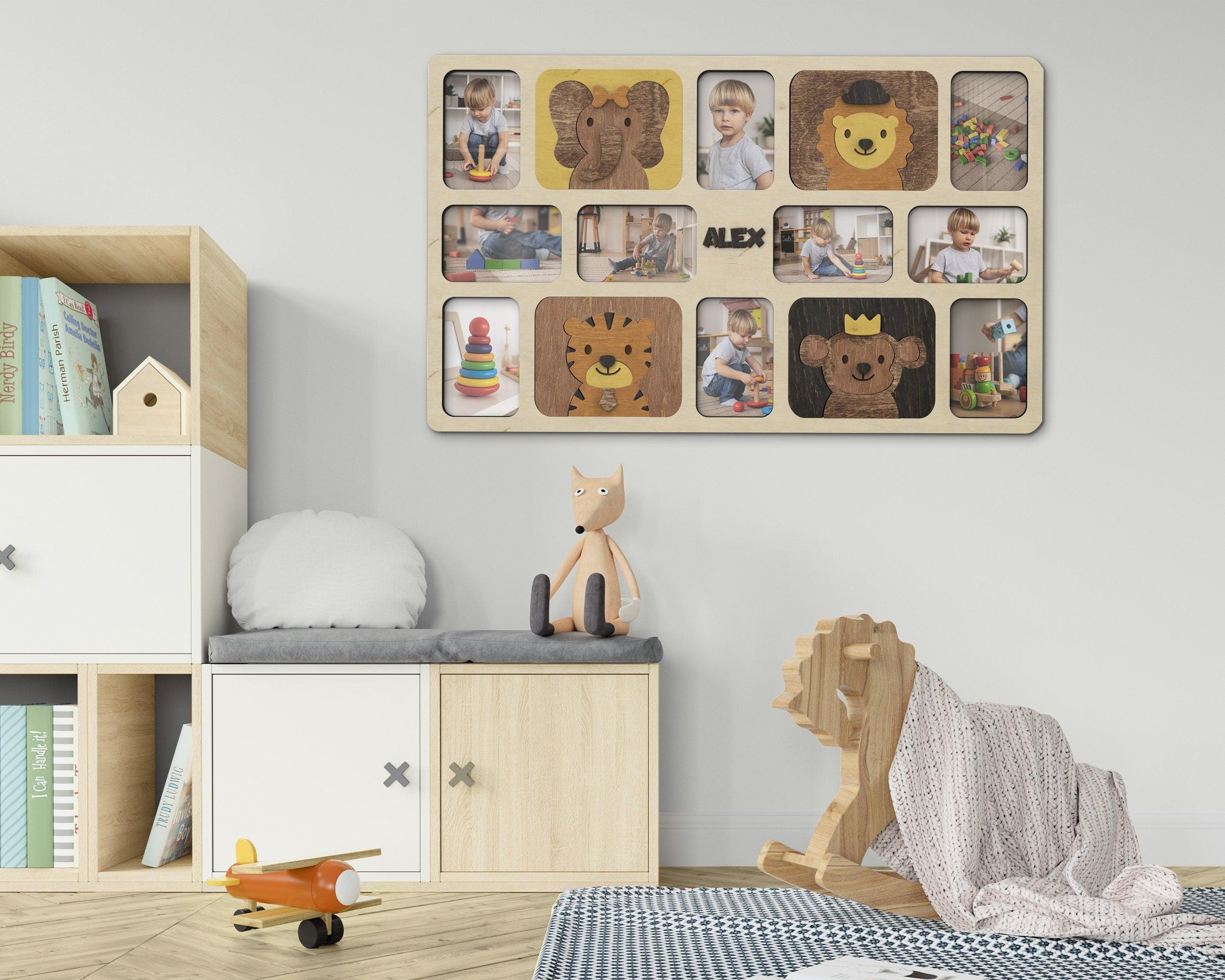 Personalized playroom collage Custom picture frame collage with animals Nursery wooden wall art First birthday Gift for kids Girl room decor