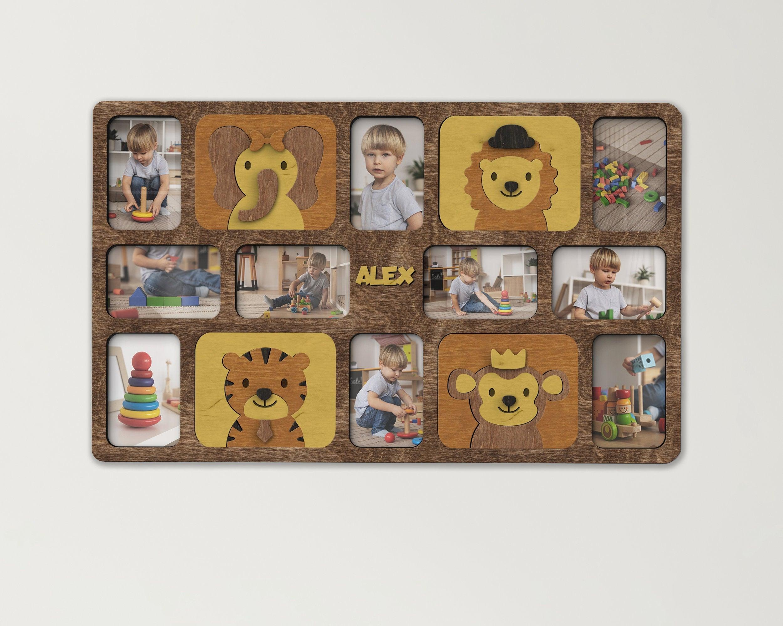 Personalized playroom collage Custom picture frame collage with animals Nursery wooden wall art First birthday Gift for kids Girl room decor