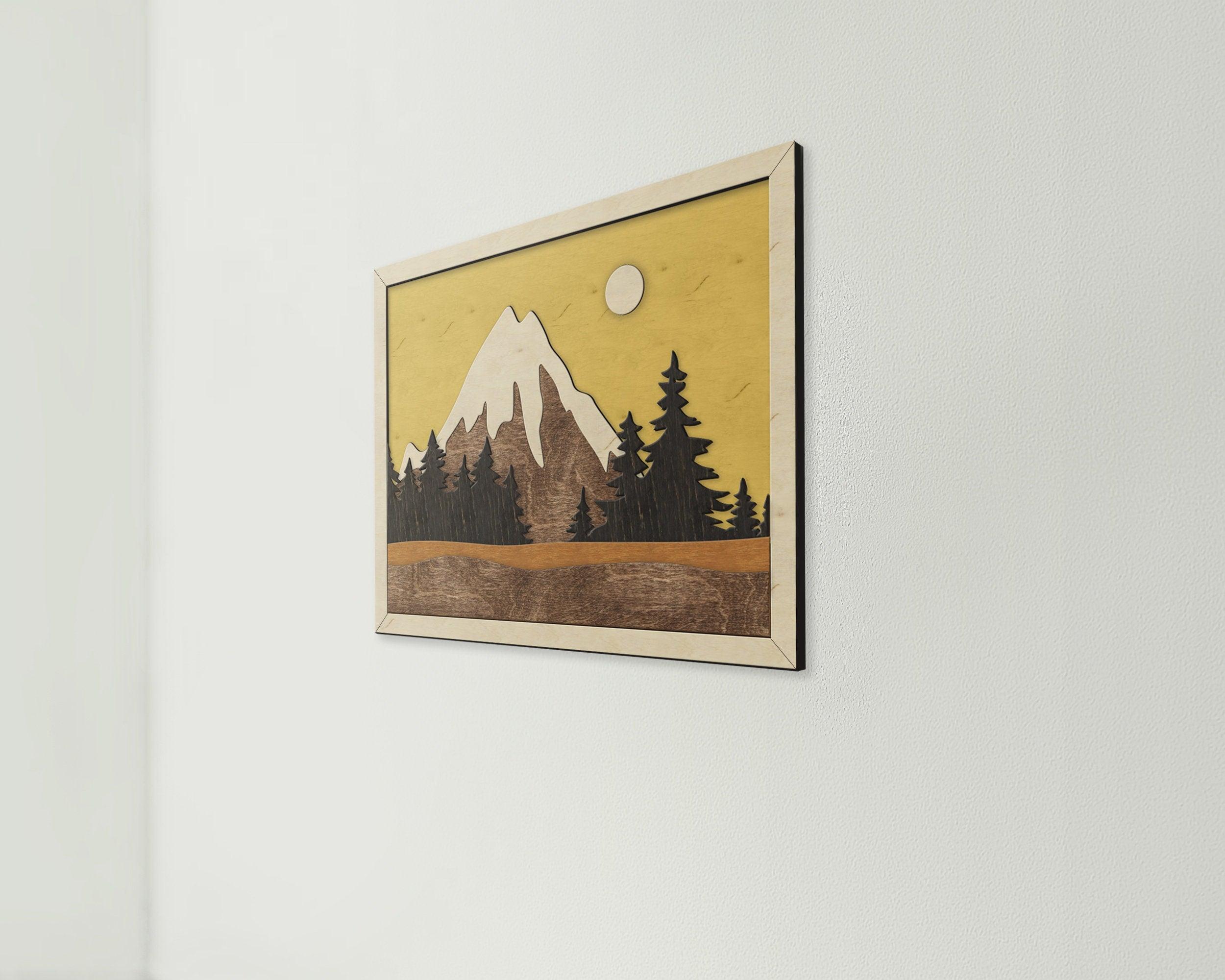 Sunrise landscape wooden wall art Contemporary mountain decor Abstract handmade home decor Custom laser cut layered 3d Bedroom Living room