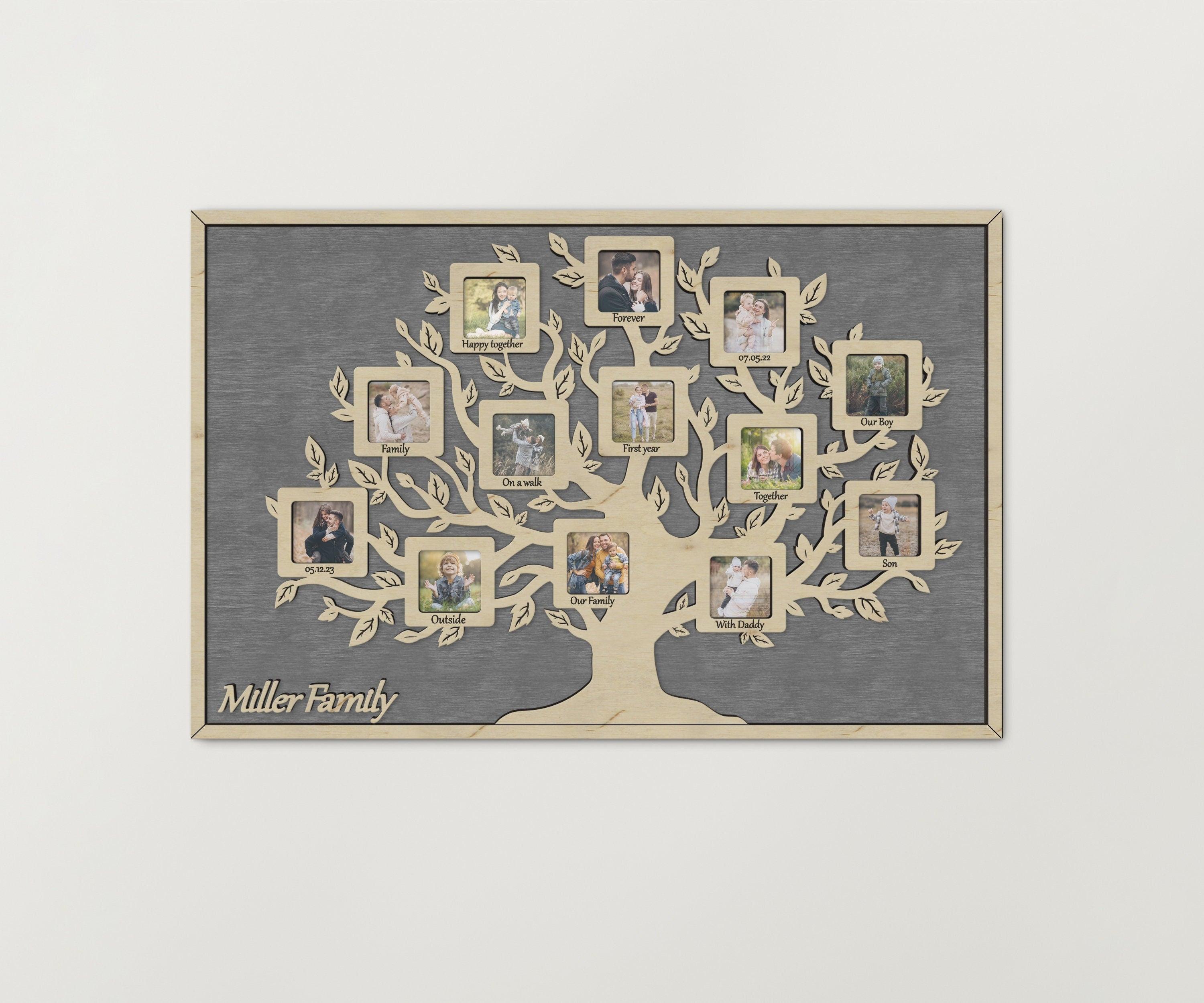 Personalized family tree framed wall art Genealogy tree Wooden picture frame collage Wedding anniversary gift 13 photo openings Custom text