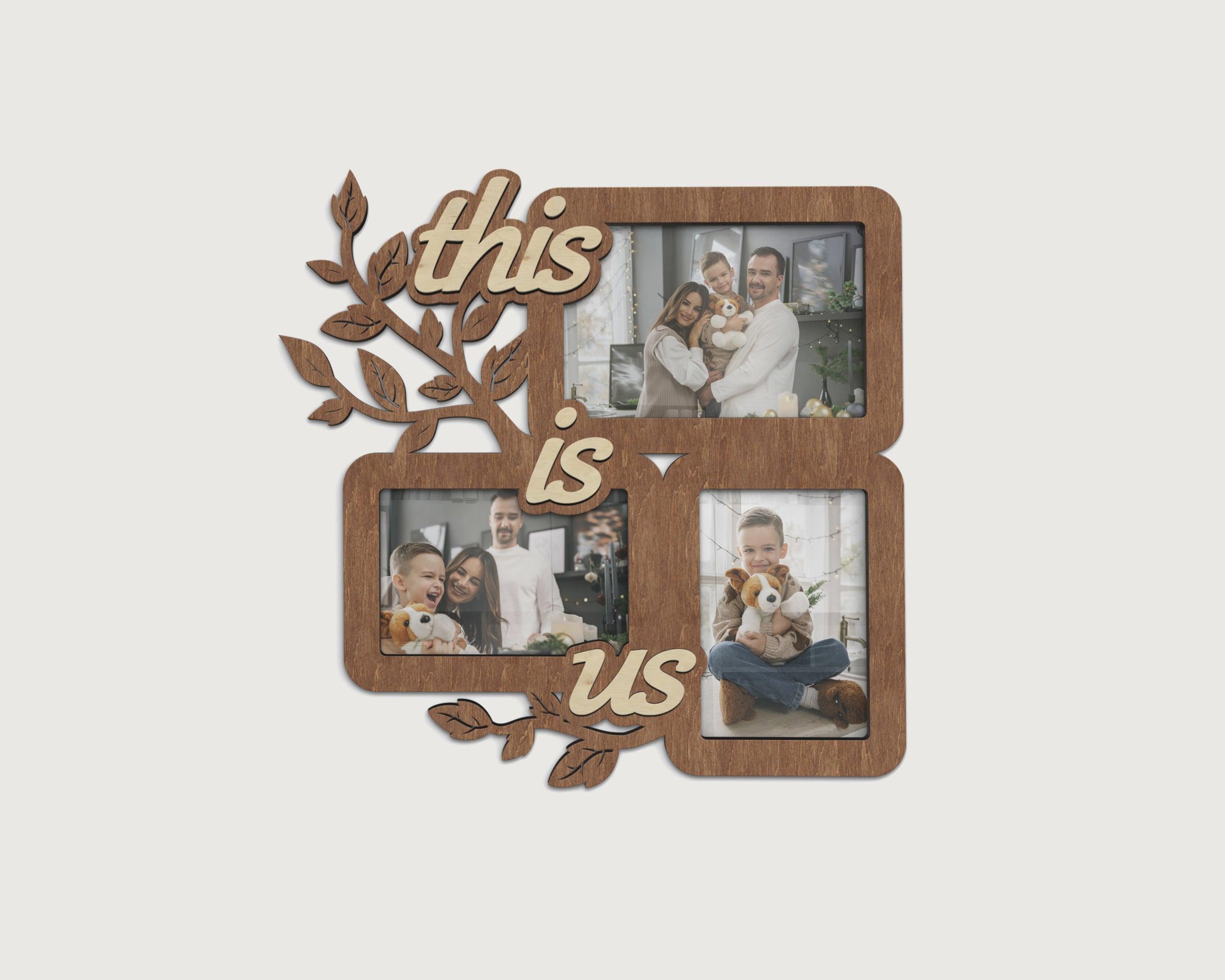 Small picture frame collage featuring tree elements and a this is us text from the top to the bottom. This collage measures 12 inches in width and 12 inches in length and has 3 frames. Frame and letters can be painted in different colors.