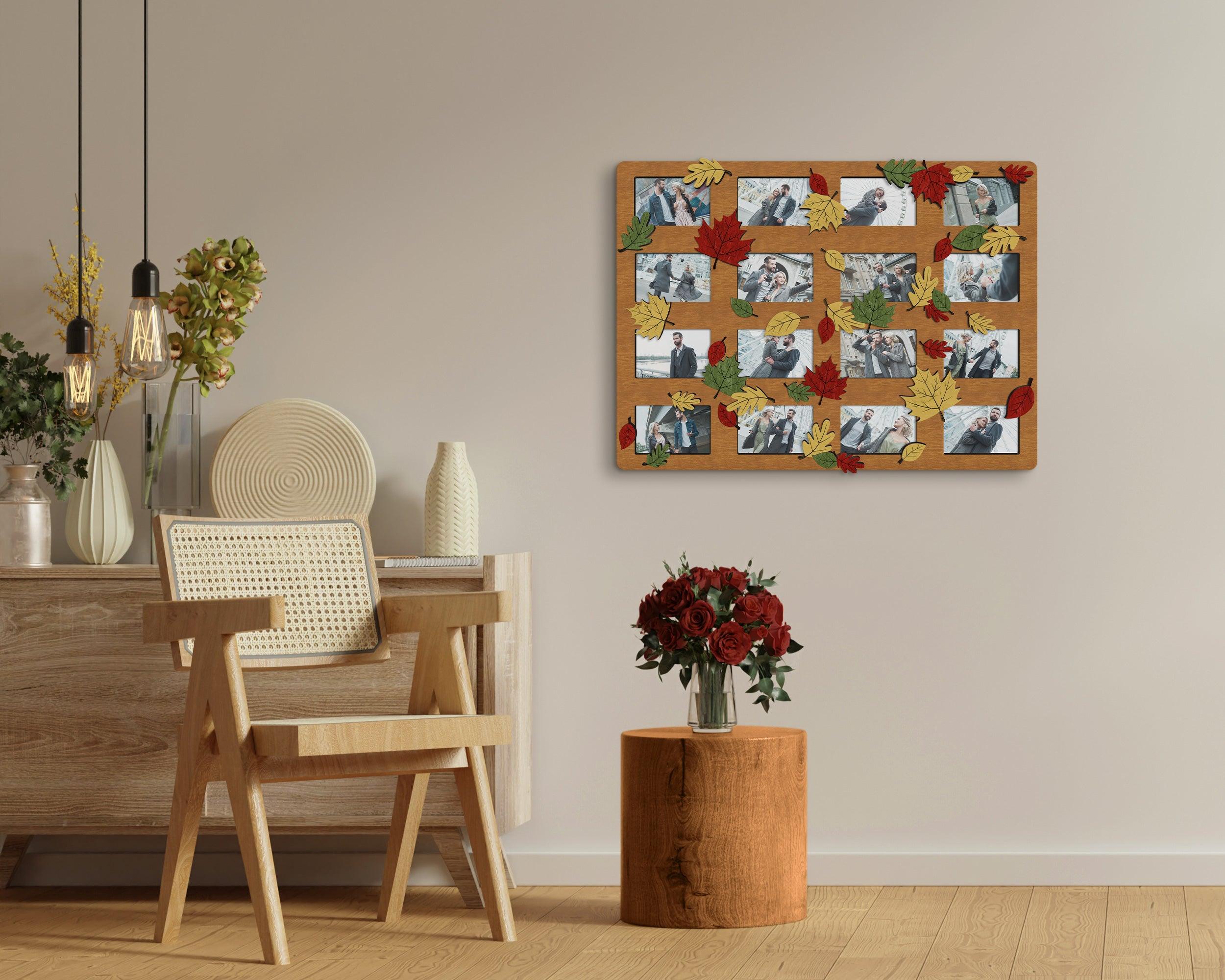 Engraved autumn wall art decor Custom photo frame collage with fall leaves Unique living room decor Kids room decoration Back to school vibe