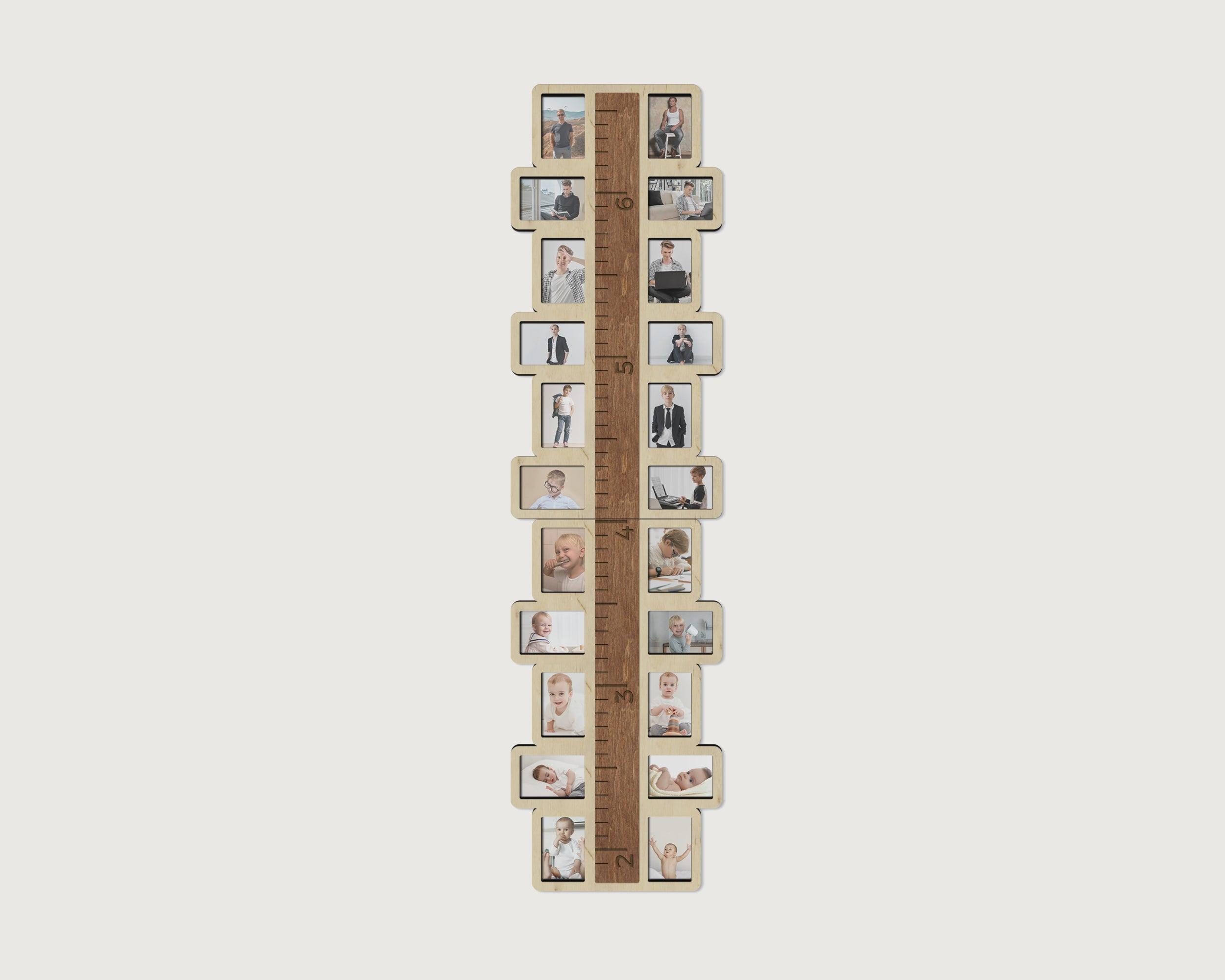 Growth chart for kids decorated with photo frames on both sides. This ruler measures 53 inches in length and 15 inches in width and has 22 frames. Frames and ruler can be painted in different colors. Units can be changed to centimeters and inches.