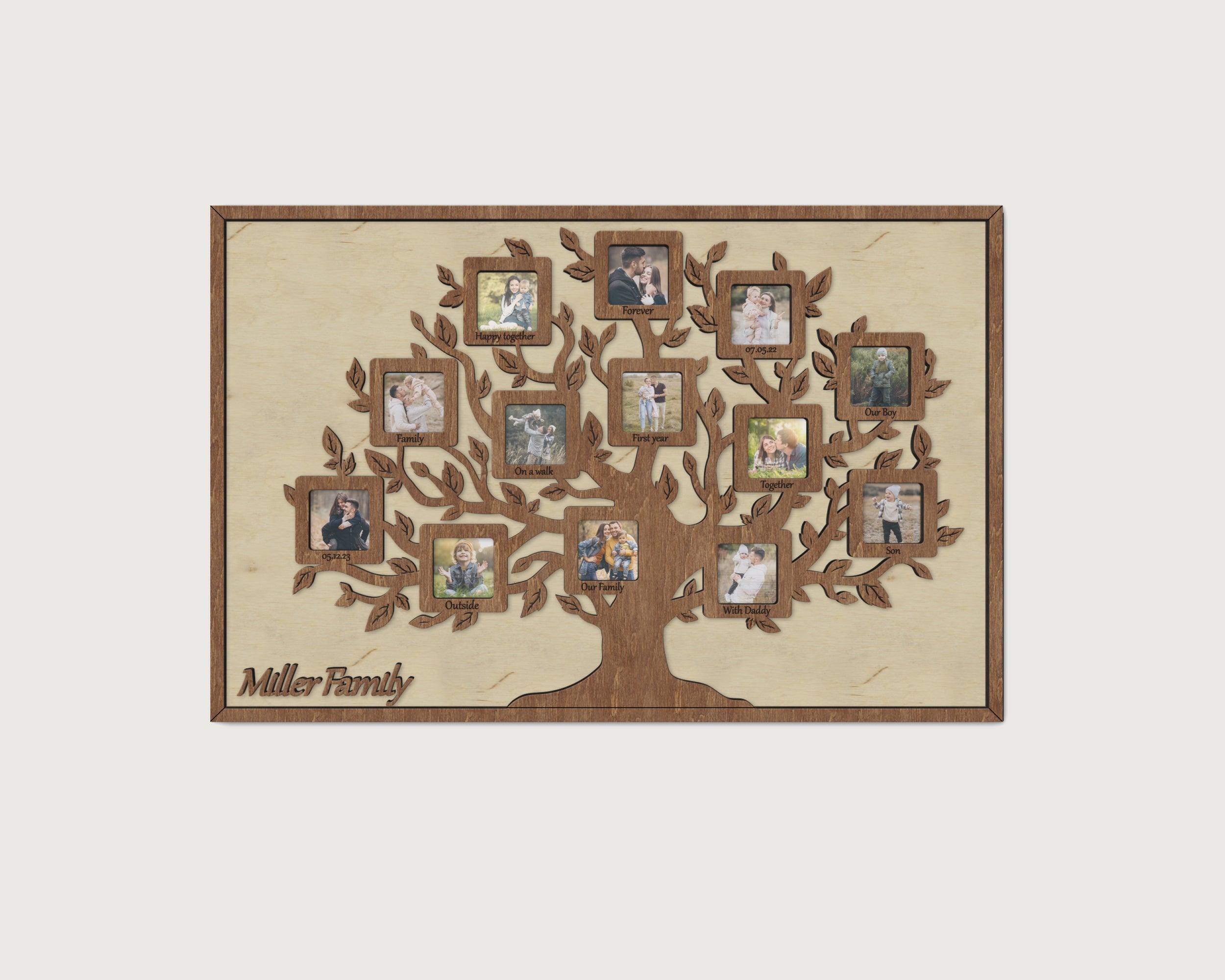 Personalized family tree framed wall art Genealogy tree Wooden picture frame collage Wedding anniversary gift 13 photo openings Custom text