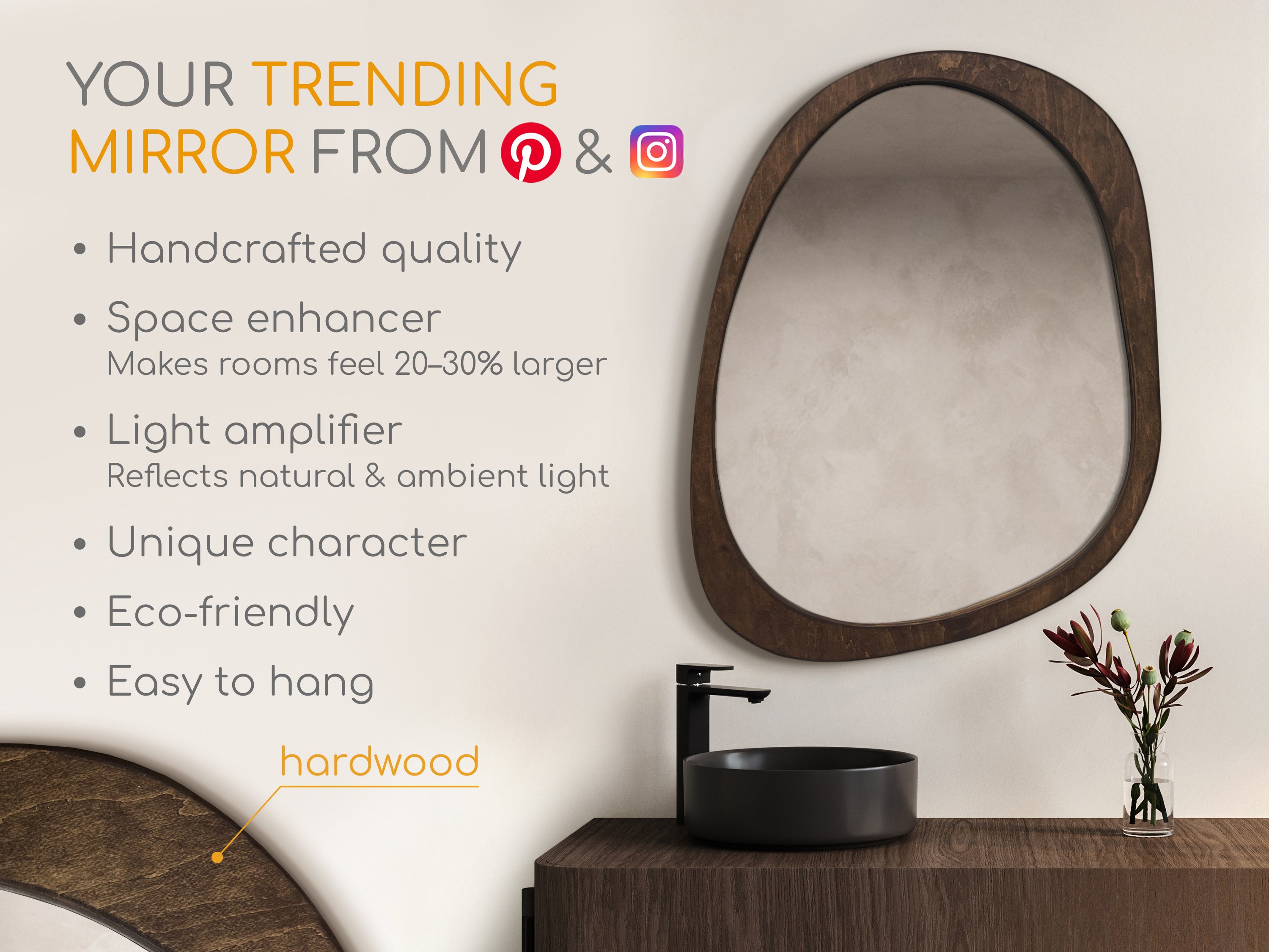 Miroir asymétrique avec cadre en bois 