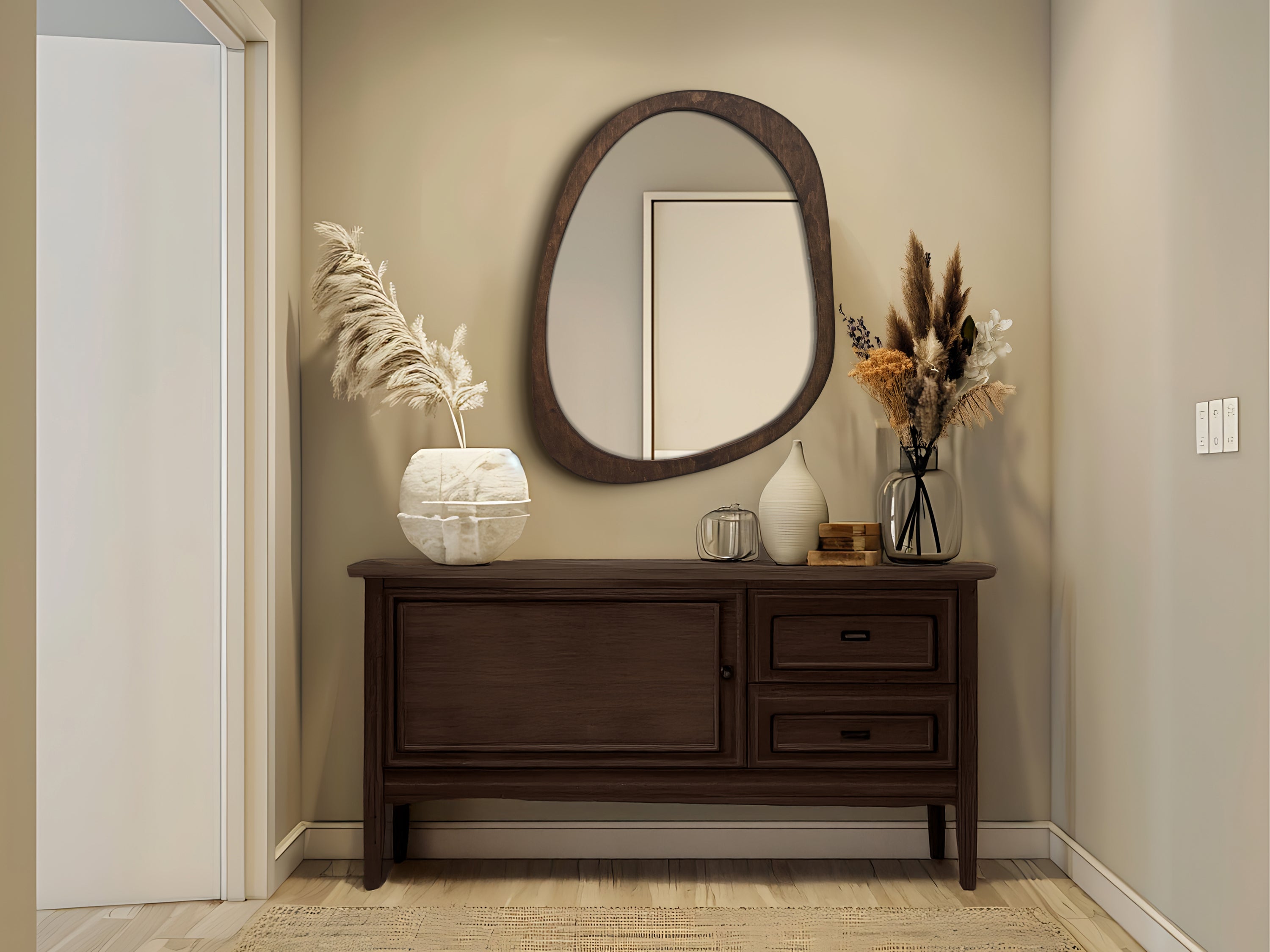 Miroir asymétrique avec cadre en bois 