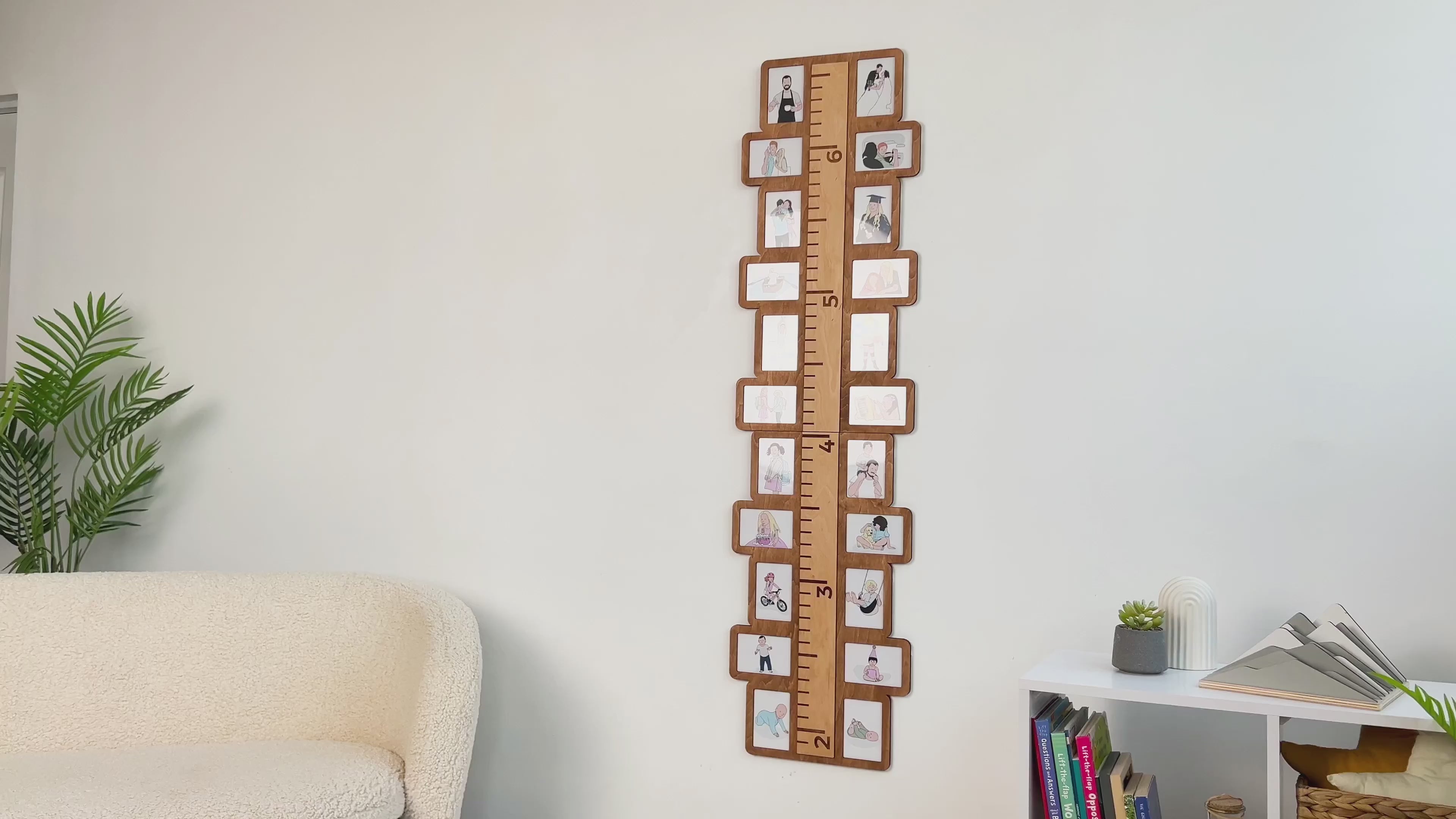 Growth chart for kids decorated with photo frames on both sides. This ruler measures 53 inches in length and 15 inches in width and has 22 frames. Frames and ruler can be painted in different colors. Units can be changed to centimeters and inches.