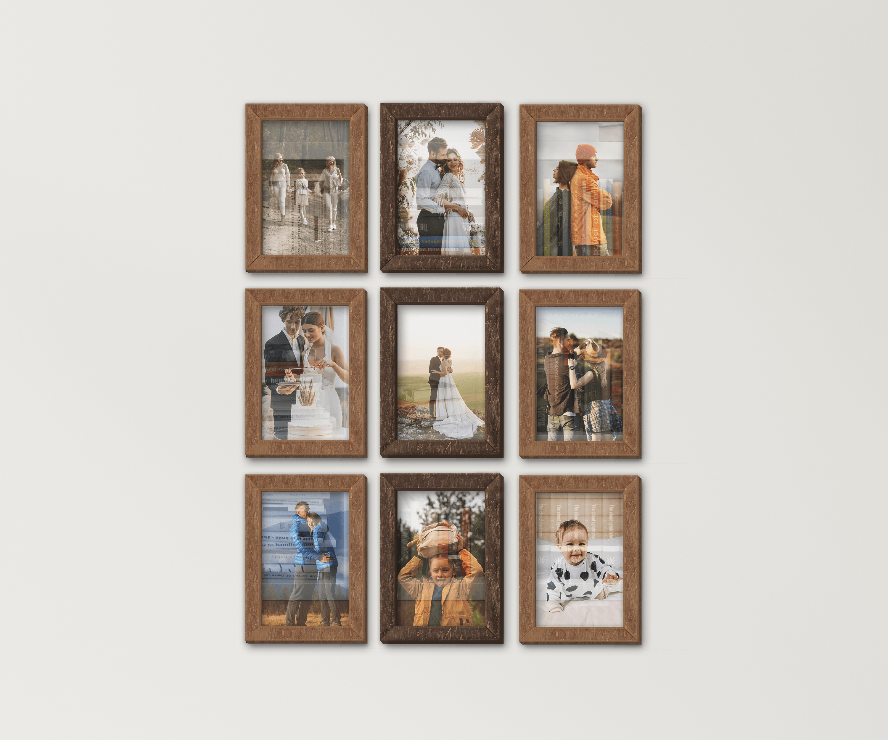 9-Piece wall-mounted picture frame set. This collage measures 46 inches in width and length and has 9 frames: 8 by 12 inches or 10 by 14 inches. Frames can be painted in different colors: in one color or any combination.