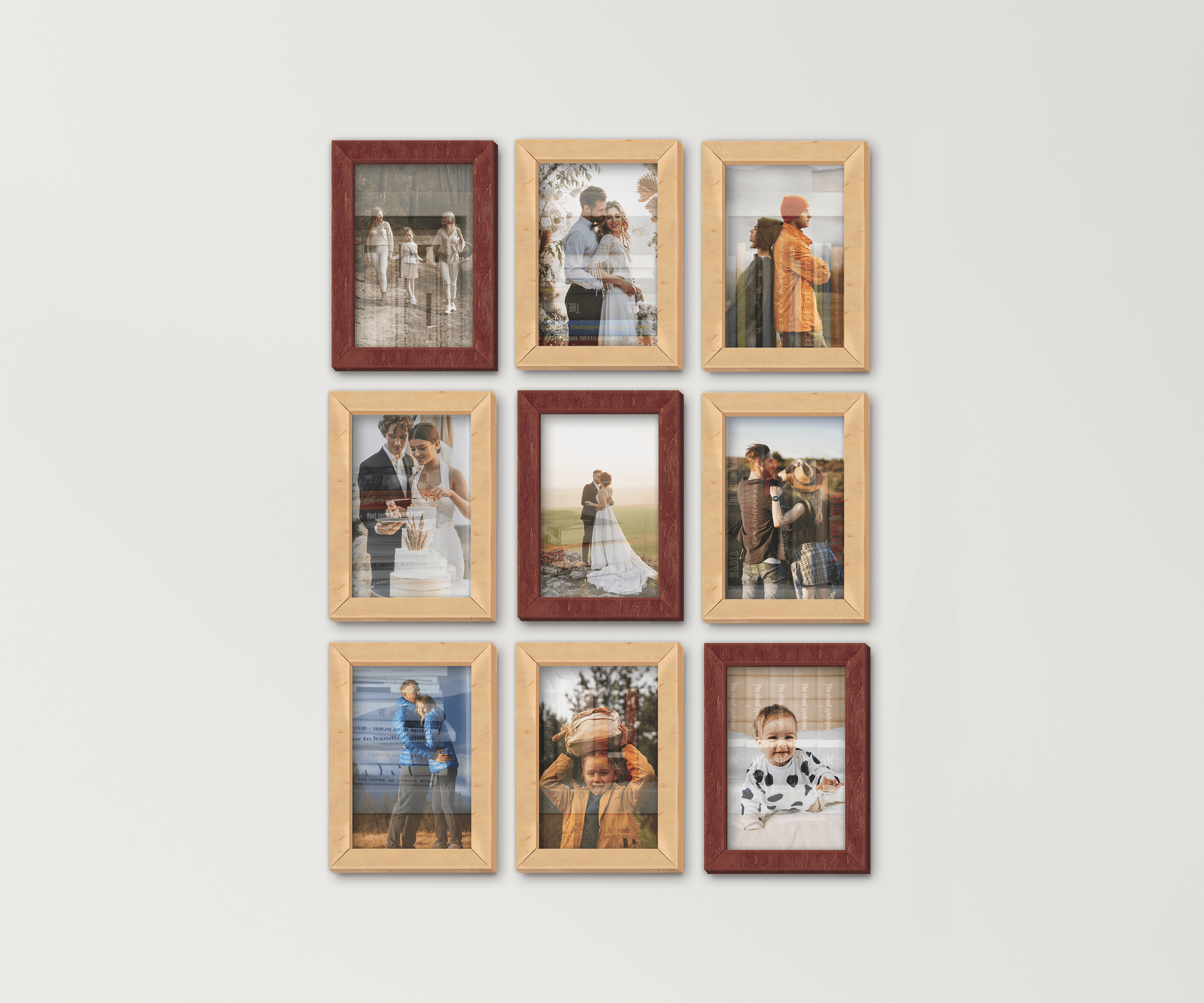 9-Piece wall-mounted picture frame set. This collage measures 46 inches in width and length and has 9 frames: 8 by 12 inches or 10 by 14 inches. Frames can be painted in different colors: in one color or any combination.