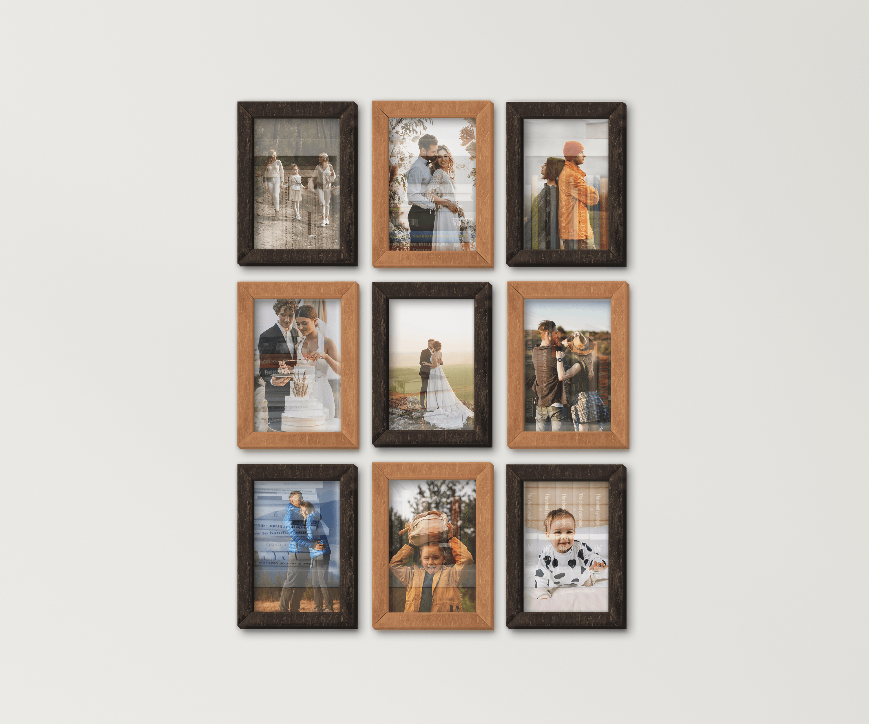 9-Piece wall-mounted picture frame set. This collage measures 46 inches in width and length and has 9 frames: 8 by 12 inches or 10 by 14 inches. Frames can be painted in different colors: in one color or any combination.