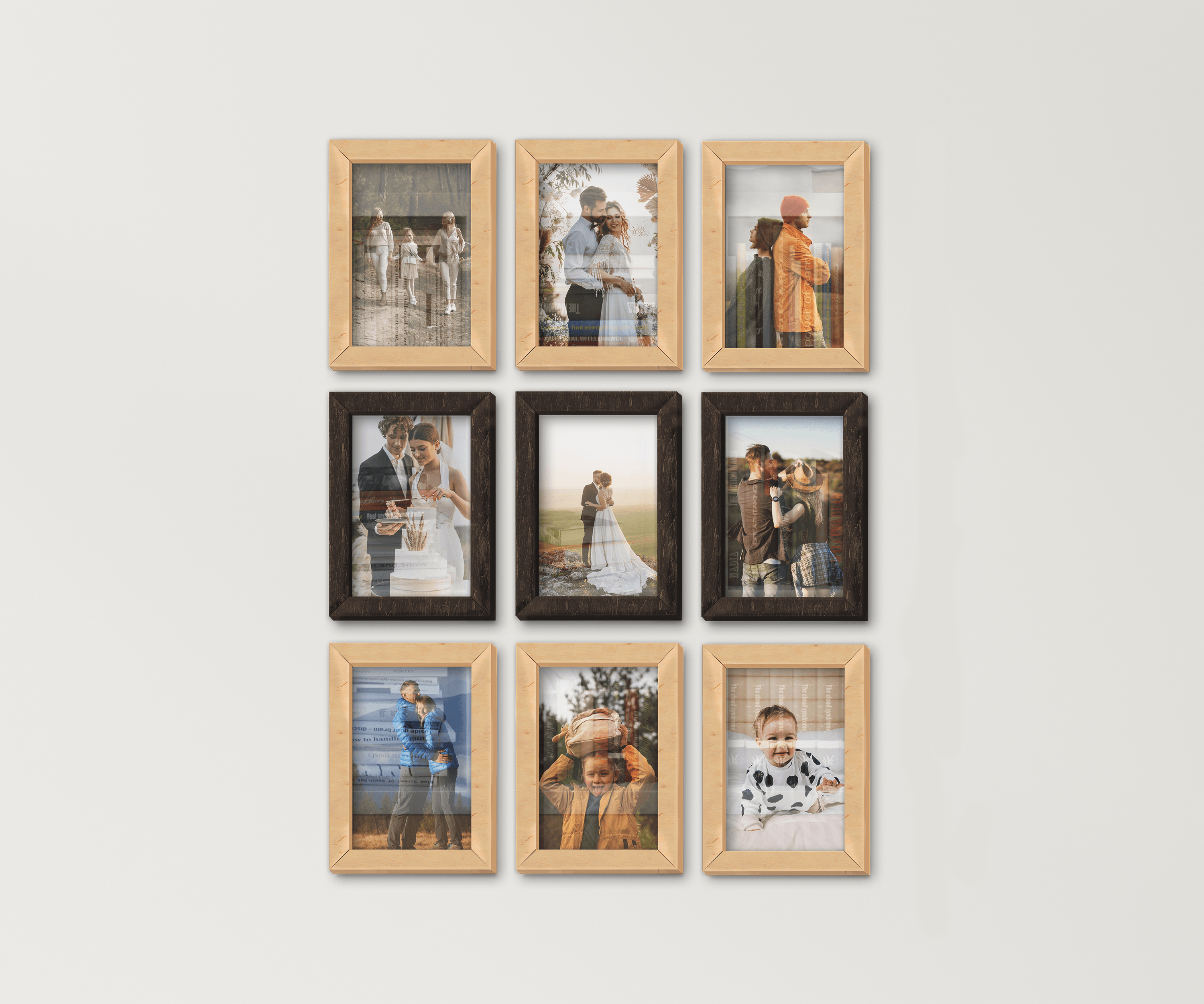 9-Piece wall-mounted picture frame set. This collage measures 46 inches in width and length and has 9 frames: 8 by 12 inches or 10 by 14 inches. Frames can be painted in different colors: in one color or any combination.