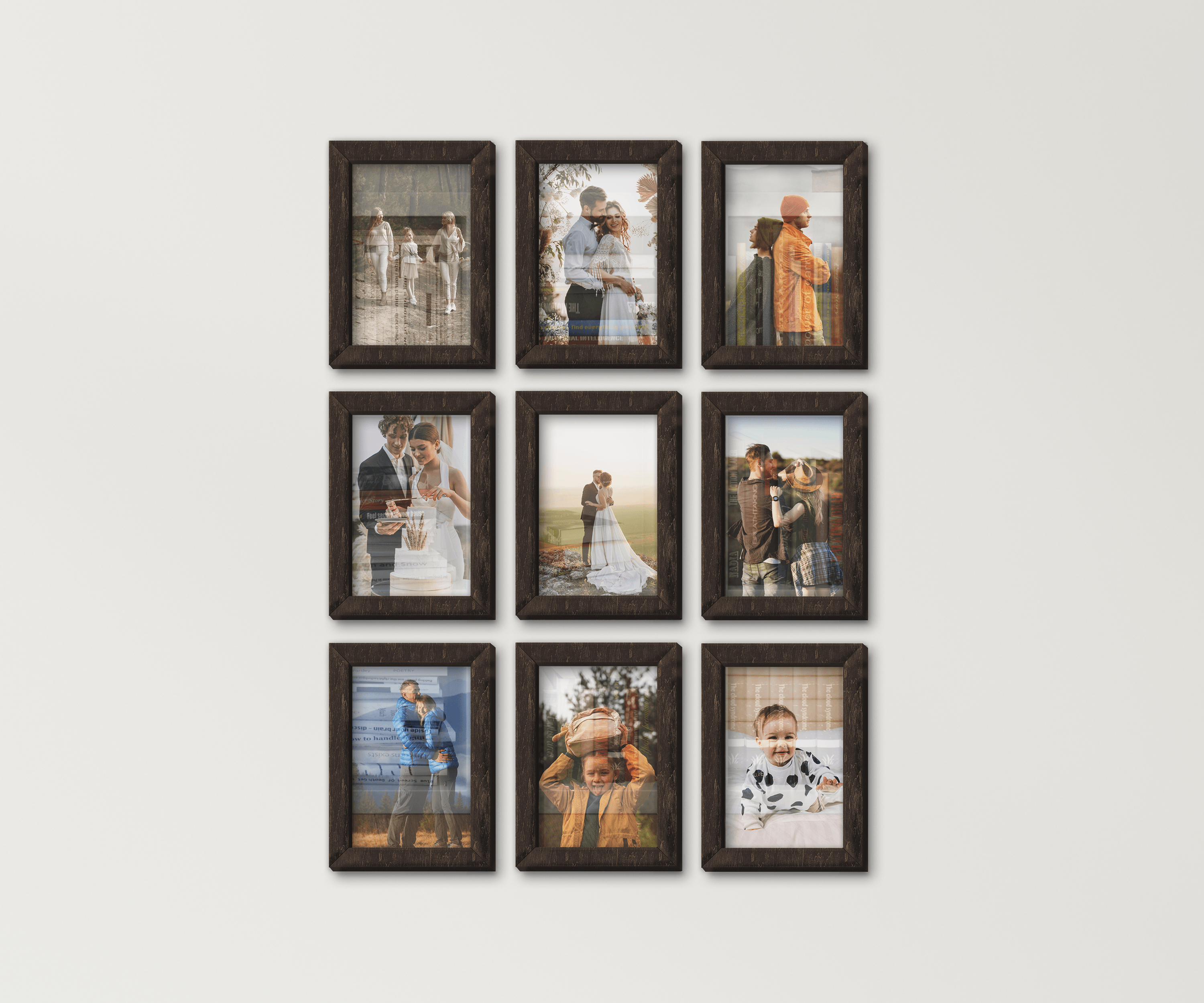 9-Piece wall-mounted picture frame set. This collage measures 46 inches in width and length and has 9 frames: 8 by 12 inches or 10 by 14 inches. Frames can be painted in different colors: in one color or any combination.