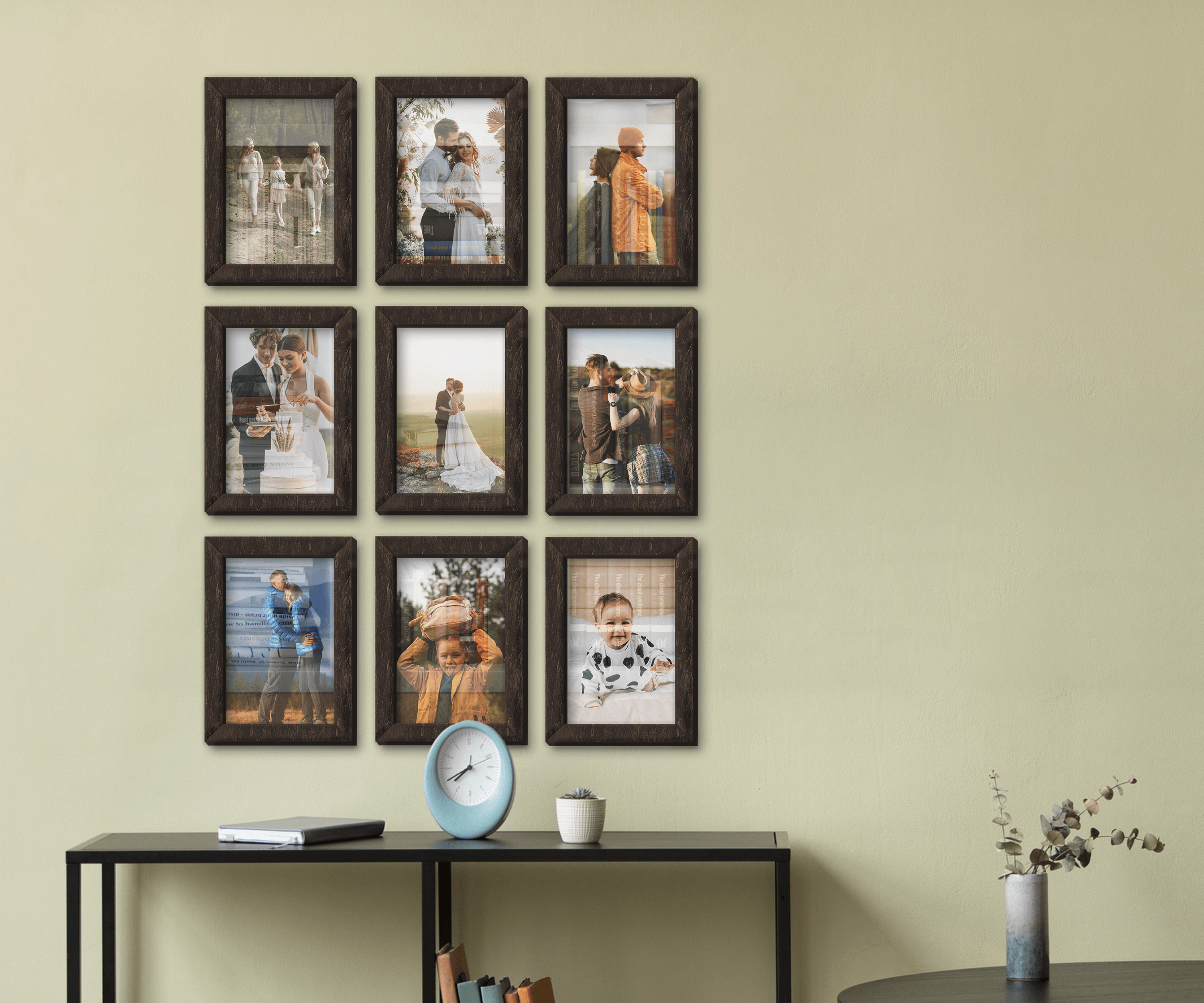 9-Piece wall-mounted picture frame set. This collage measures 46 inches in width and length and has 9 frames: 8 by 12 inches or 10 by 14 inches. Frames can be painted in different colors: in one color or any combination.