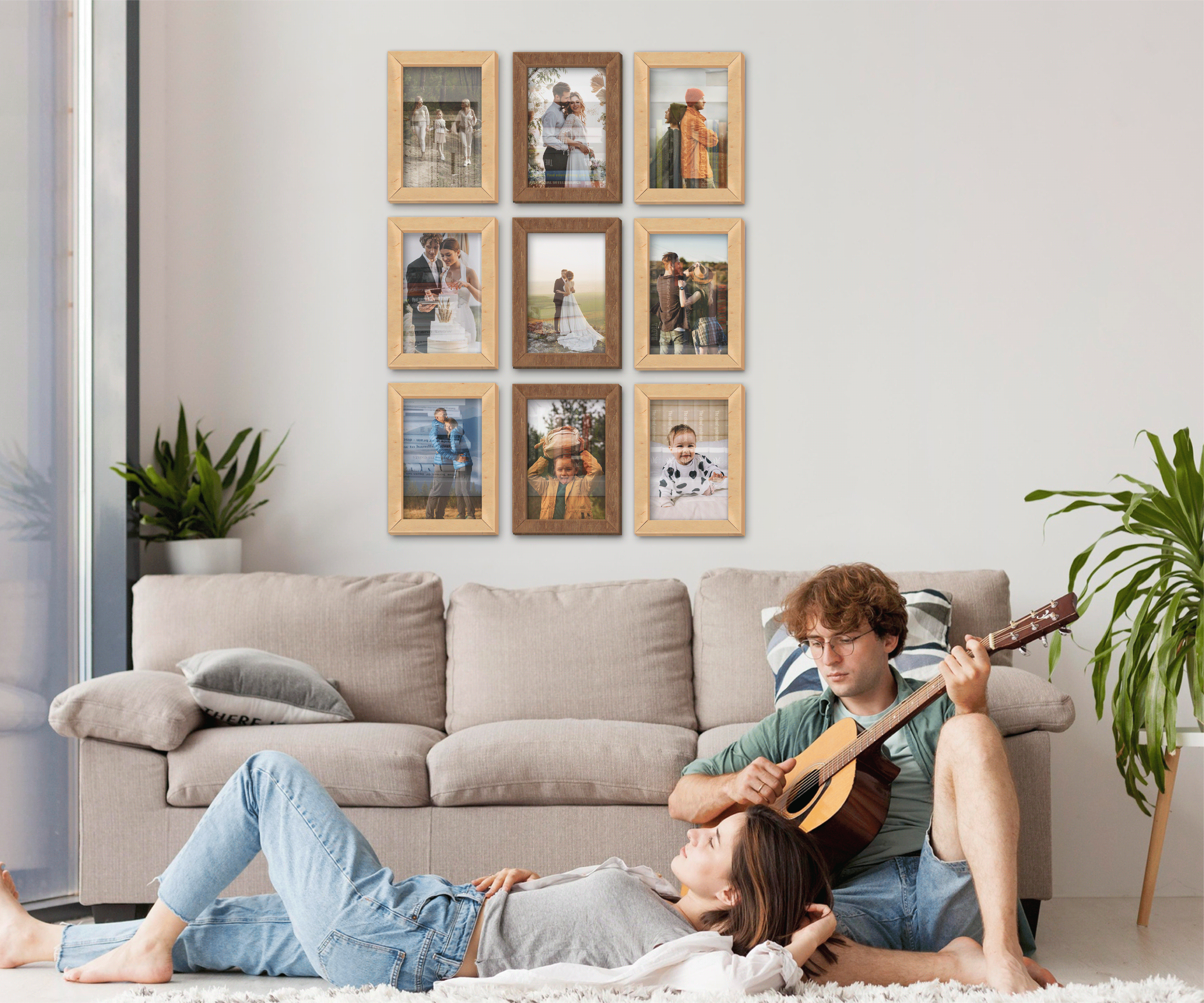 9-Piece wall-mounted picture frame set. This collage measures 46 inches in width and length and has 9 frames: 8 by 12 inches or 10 by 14 inches. Frames can be painted in different colors: in one color or any combination.