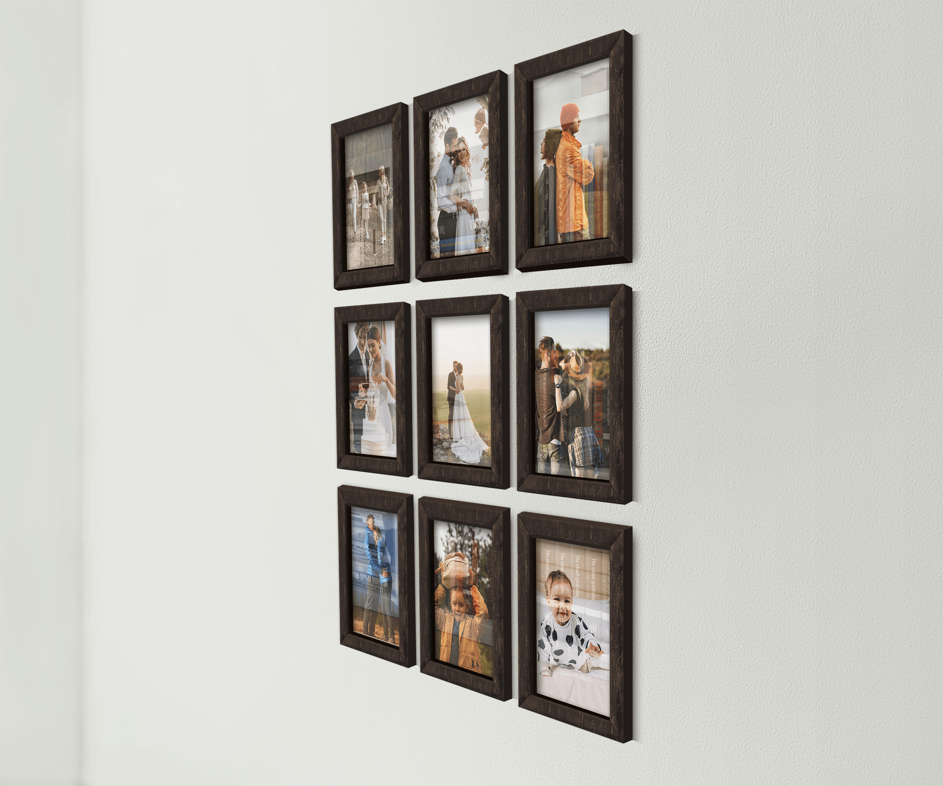 9-Piece wall-mounted picture frame set. This collage measures 46 inches in width and length and has 9 frames: 8 by 12 inches or 10 by 14 inches. Frames can be painted in different colors: in one color or any combination.