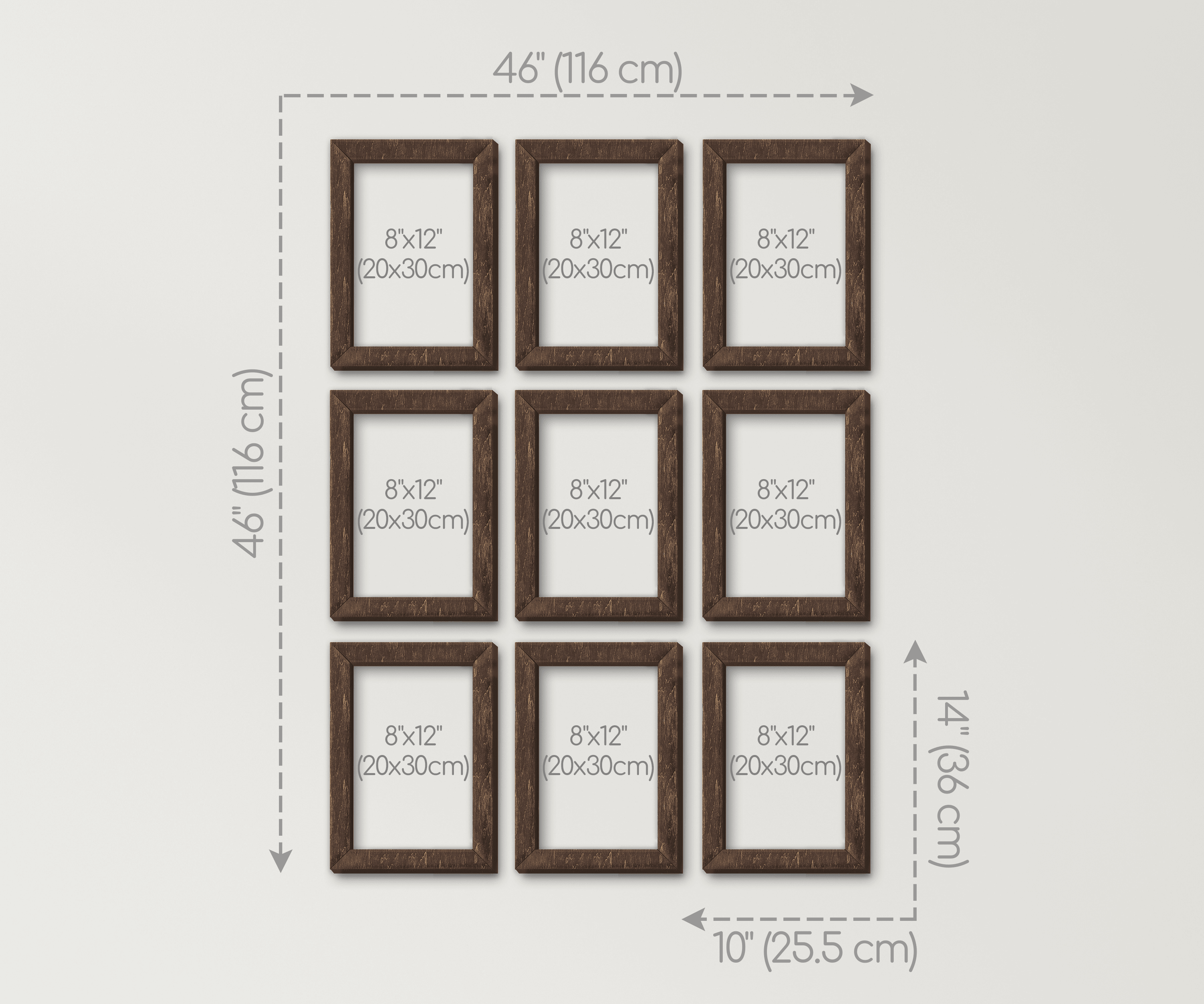 9-Piece wall-mounted picture frame set. This collage measures 46 inches in width and length and has 9 frames: 8 by 12 inches or 10 by 14 inches. Frames can be painted in different colors: in one color or any combination.