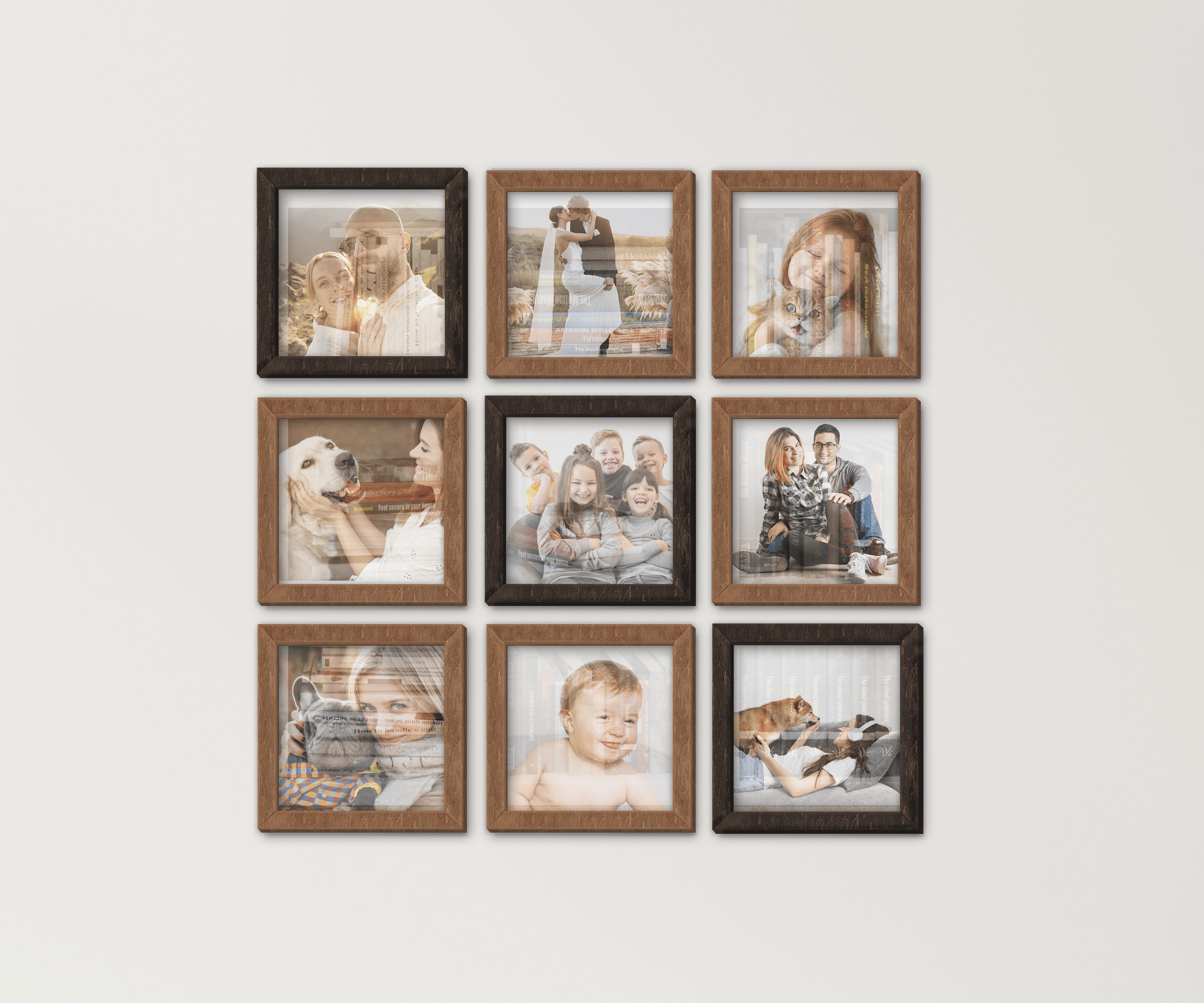 9-Piece wall-mounted picture frame set. This collage measures 46 inches in width and length and has 9 frames: 12 by 12 inches or 14 by 14 inches. Frames can be painted in different colors: in one color or any combination.
