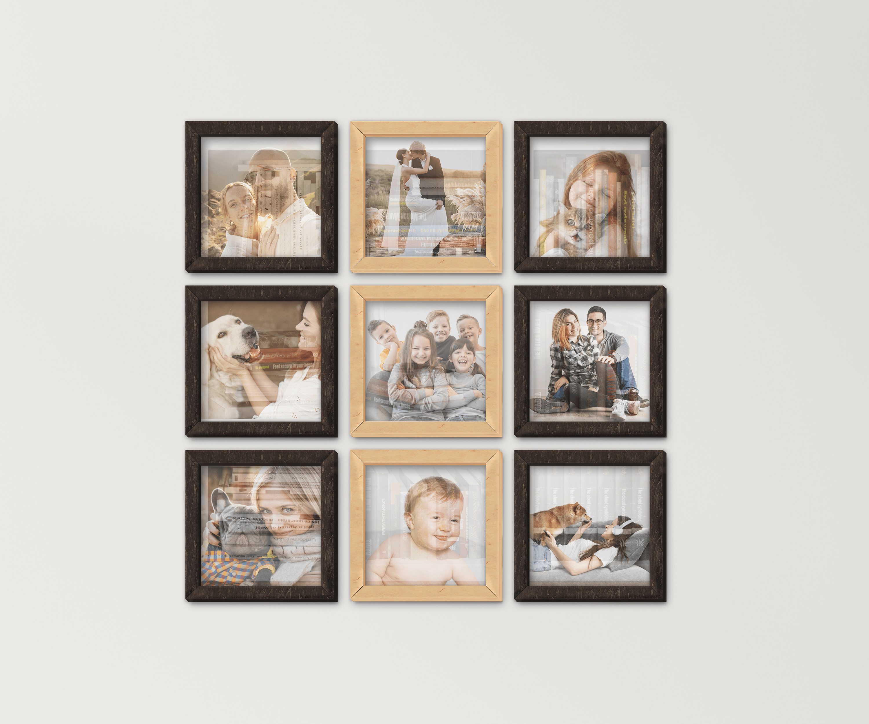 9-Piece wall-mounted picture frame set. This collage measures 46 inches in width and length and has 9 frames: 12 by 12 inches or 14 by 14 inches. Frames can be painted in different colors: in one color or any combination.