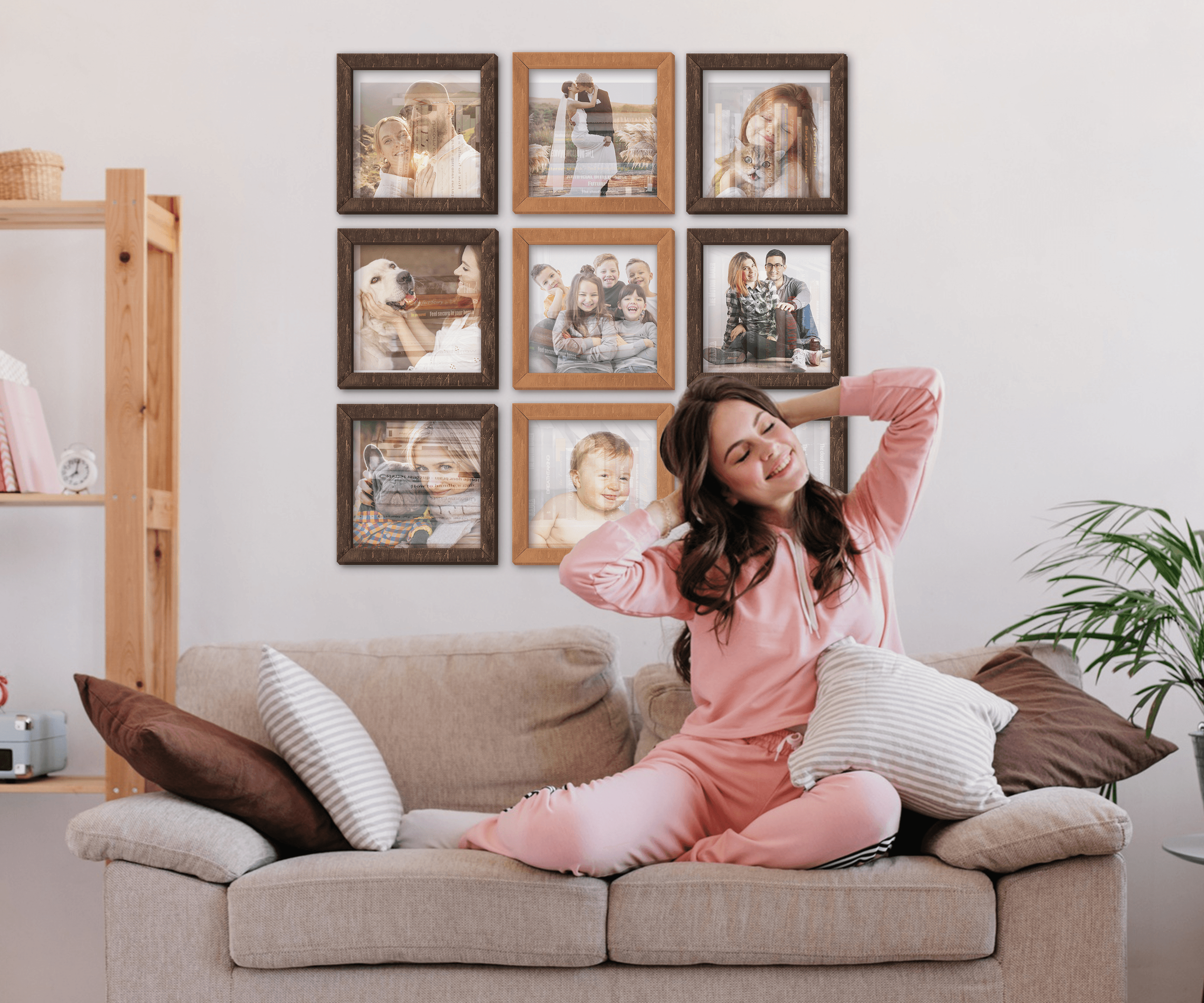 9-Piece wall-mounted picture frame set. This collage measures 46 inches in width and length and has 9 frames: 12 by 12 inches or 14 by 14 inches. Frames can be painted in different colors: in one color or any combination.