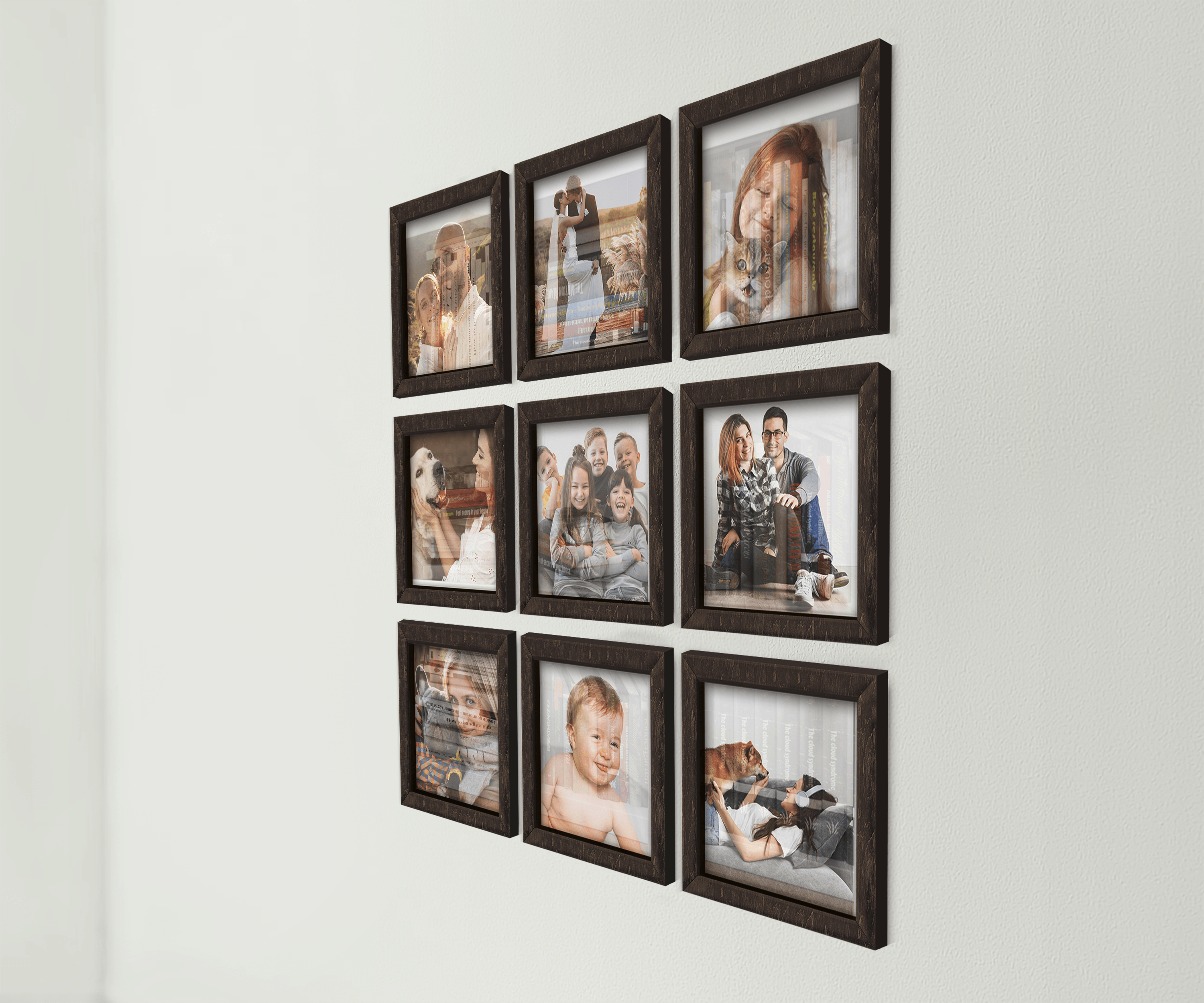 9-Piece wall-mounted picture frame set. This collage measures 46 inches in width and length and has 9 frames: 12 by 12 inches or 14 by 14 inches. Frames can be painted in different colors: in one color or any combination.