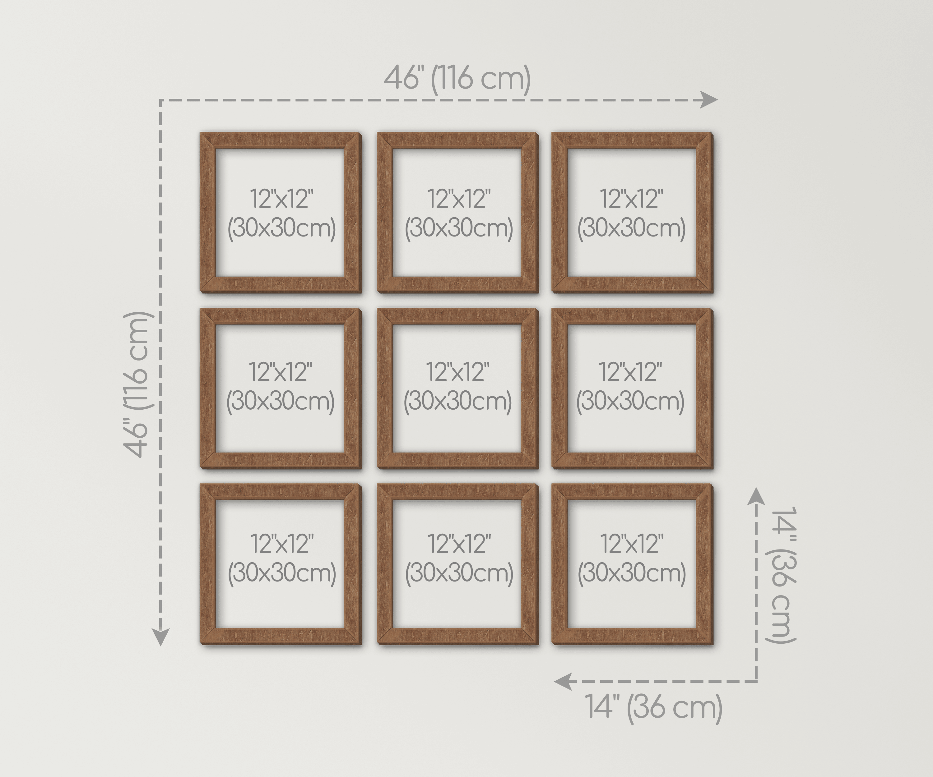 9-Piece wall-mounted picture frame set. This collage measures 46 inches in width and length and has 9 frames: 12 by 12 inches or 14 by 14 inches. Frames can be painted in different colors: in one color or any combination.